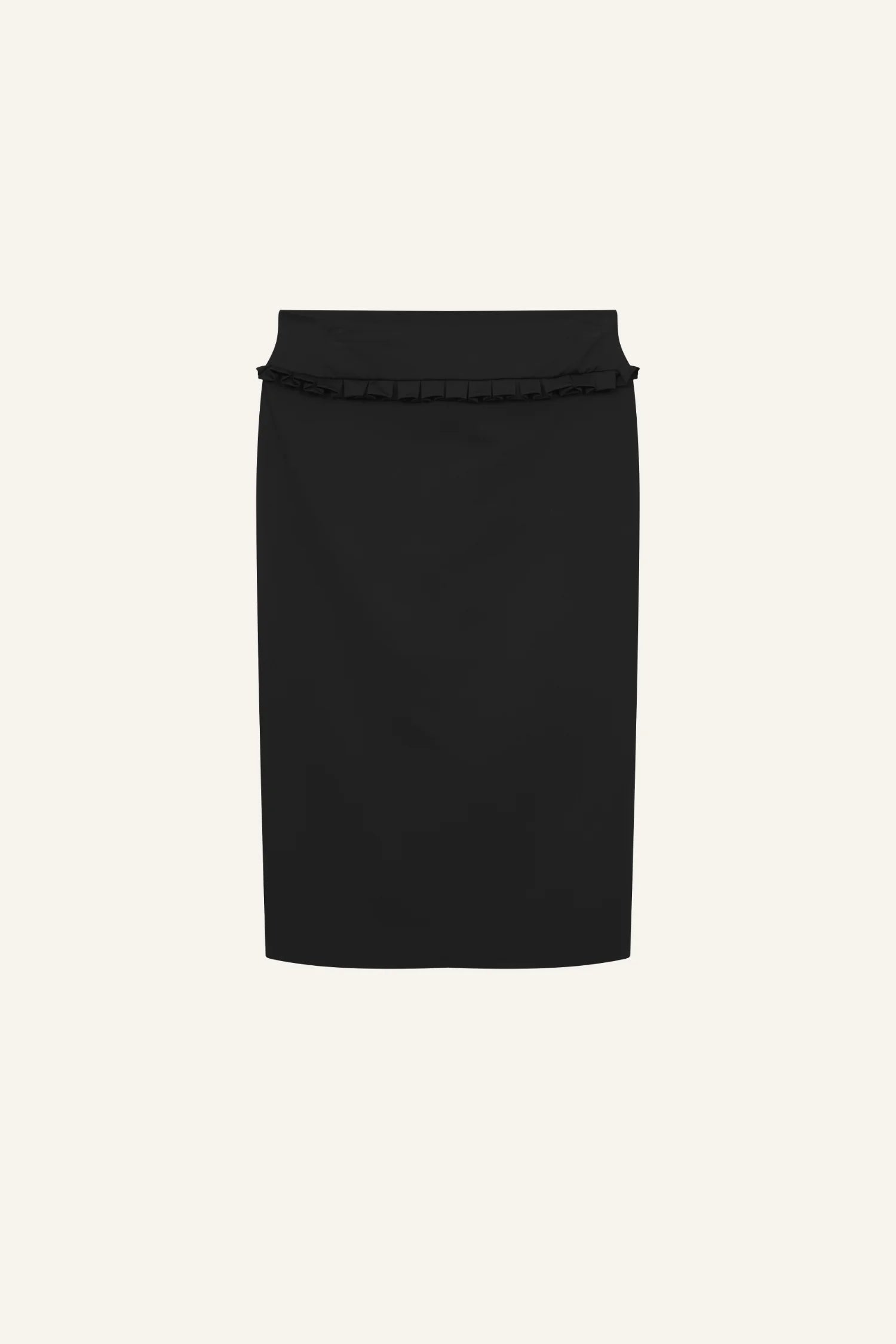 Schwarzer Rock von MYMARINI mit geradem Schnitt und dezentem Rüschenbesatz am Bund vor hellem Hintergrund.#color_black