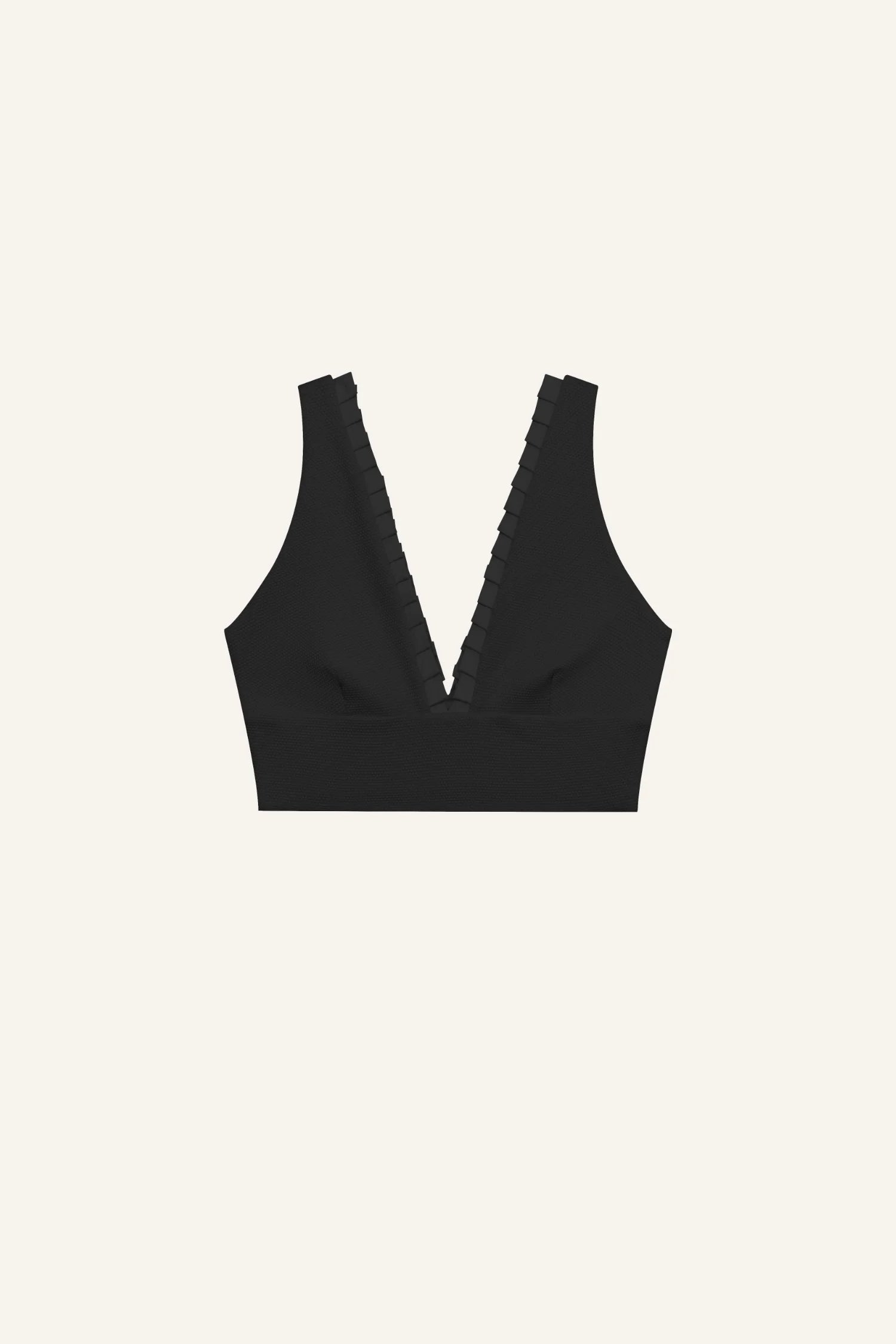 Schwarzes Bikinitop von MYMARINI mit V-Ausschnitt und Rüschendetails an den Trägern.#color_black