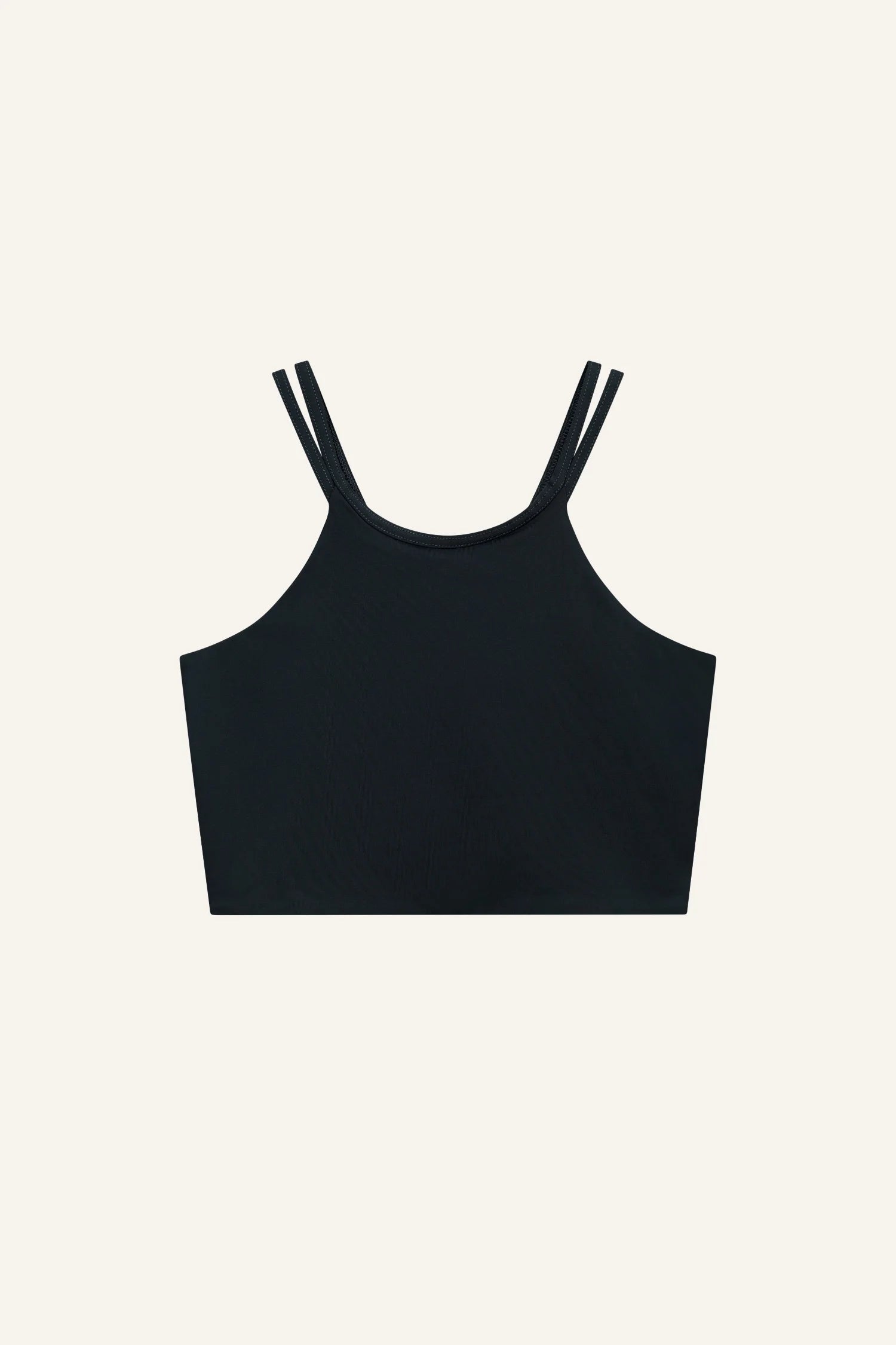 Schwarzes Bikinitop von MYMARINI mit hohem Ausschnitt und schmalen Trägern vor hellem Hintergrund.#color_black