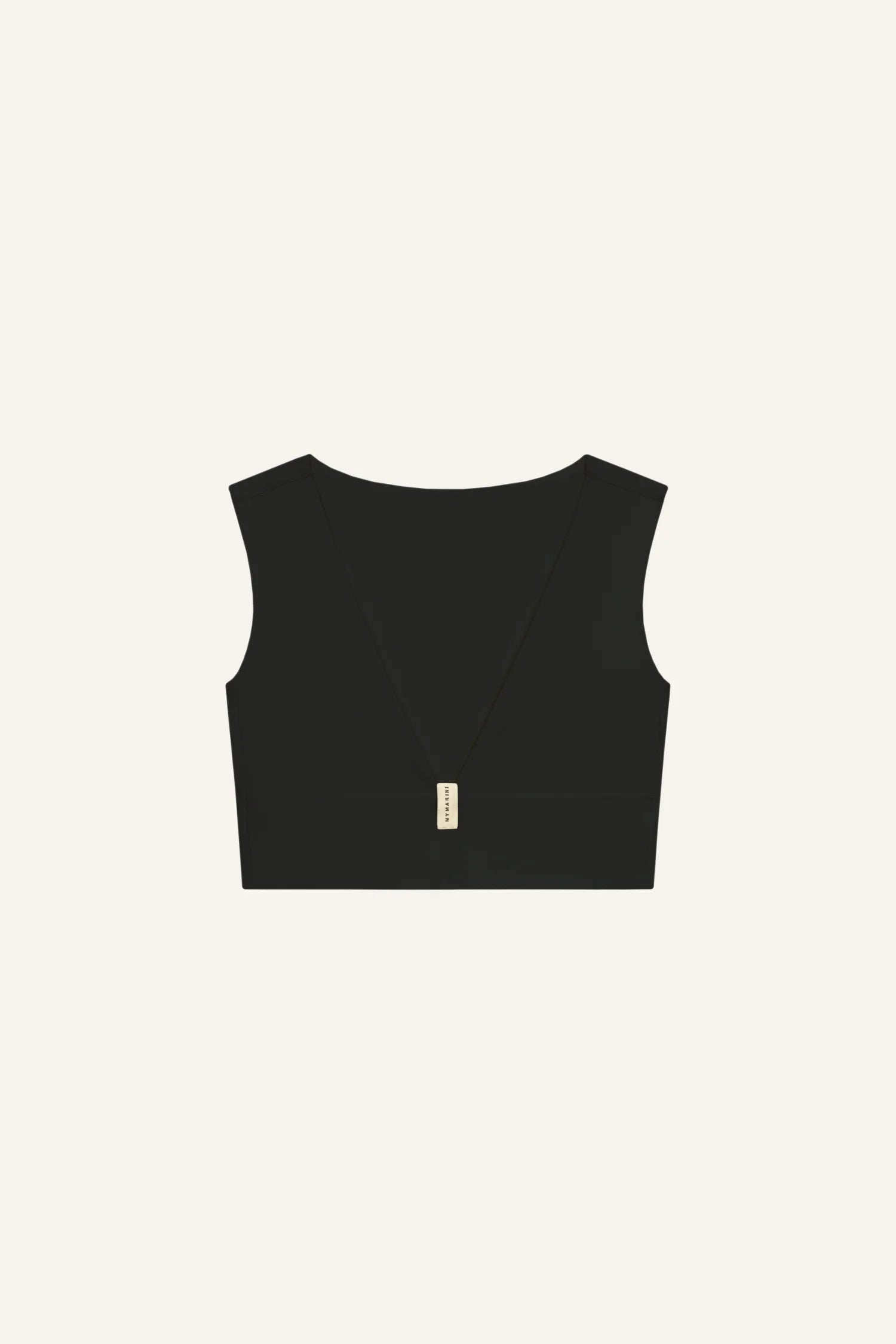 Schwarzes MYMARINI Bikinitop mit V-Ausschnitt und breiten Trägern vor hellem Hintergrund.#color_black