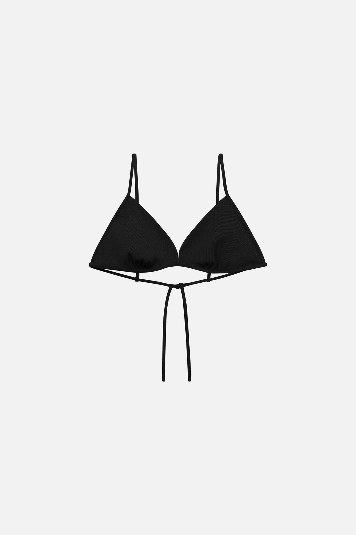 Black MYMARINI TRIANGLE TOP bikini top with spaghetti straps and tie back, front view on a light background#color_black-ribbed