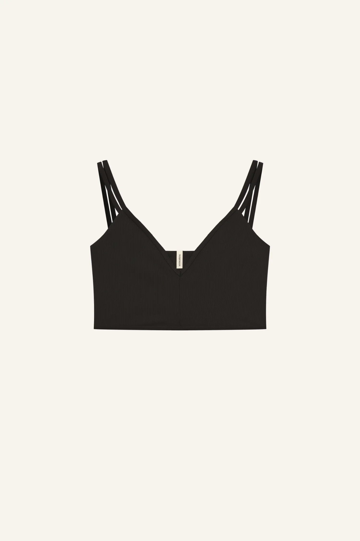 Schwarzes Bikinitop von MYMARINI mit V-Ausschnitt und schmalen Trägern, ideal für stilvolle Strandauftritte.#color_black