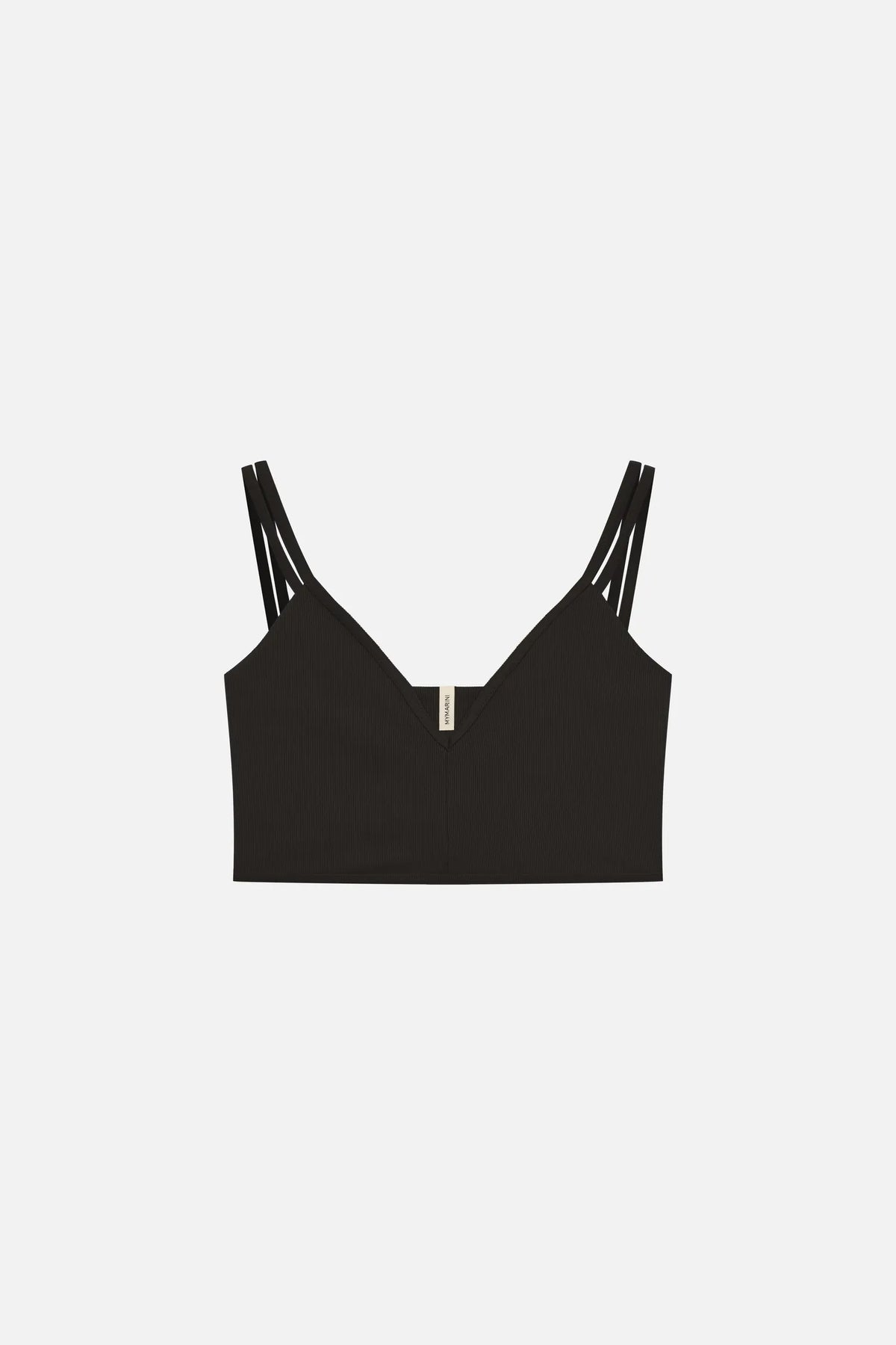 Schwarzes Bikinitop von MYMARINI mit V-Ausschnitt und schmalen Trägern, ideal für stilvolle Strandauftritte.#color_black-ribbed