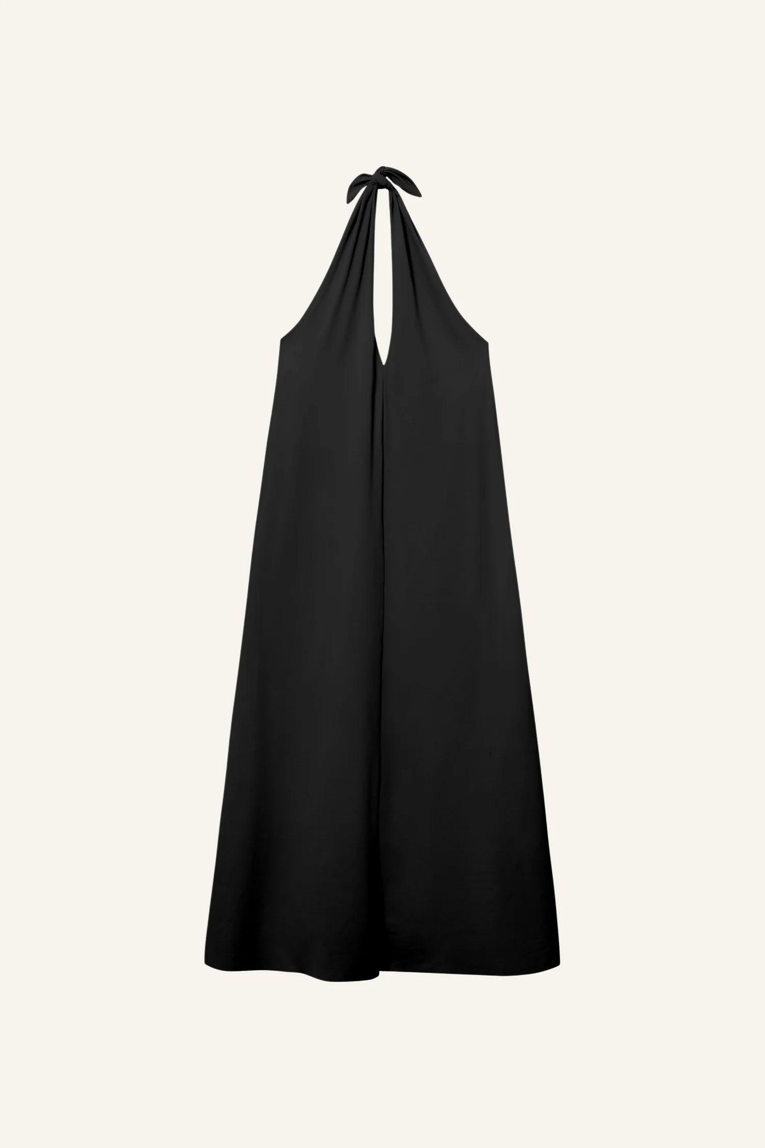 Schwarzes MYMARINI Neckholder-Kleid mit tiefem Rückenausschnitt vor hellem Hintergrund.#color_black