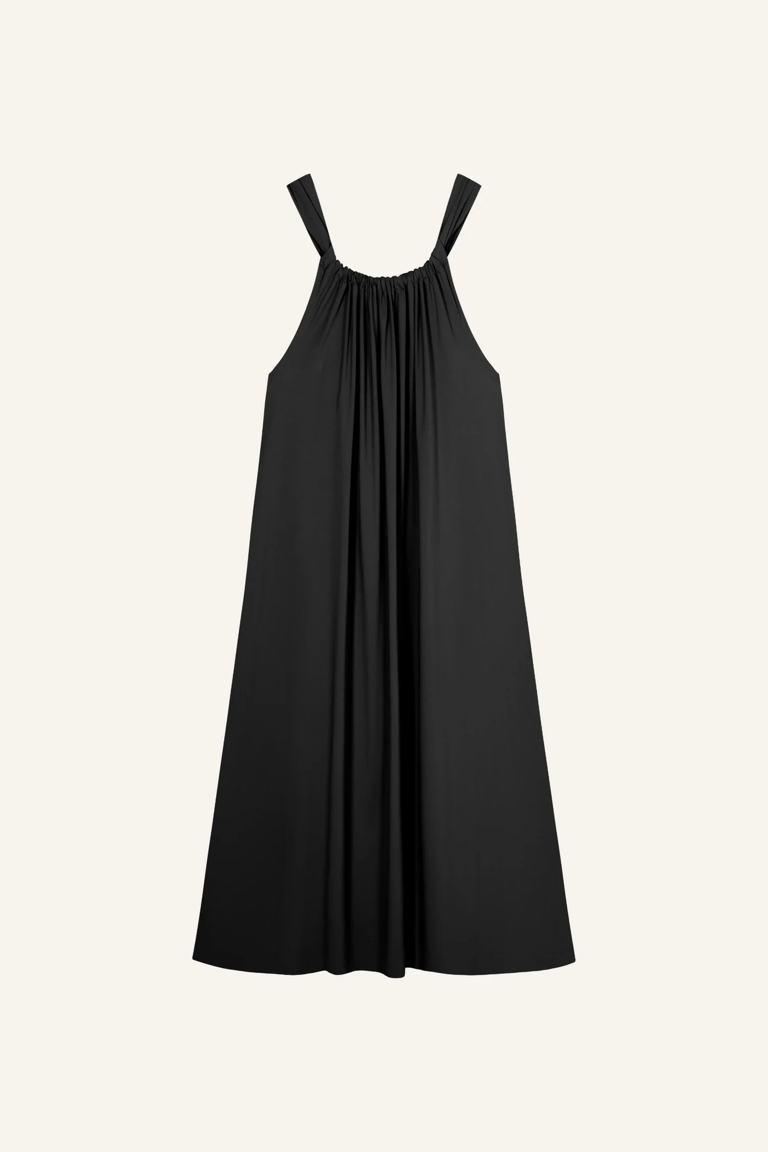 Schwarzes MYMARINI-Kleid mit breiten Trägern, locker fallend.#color_black