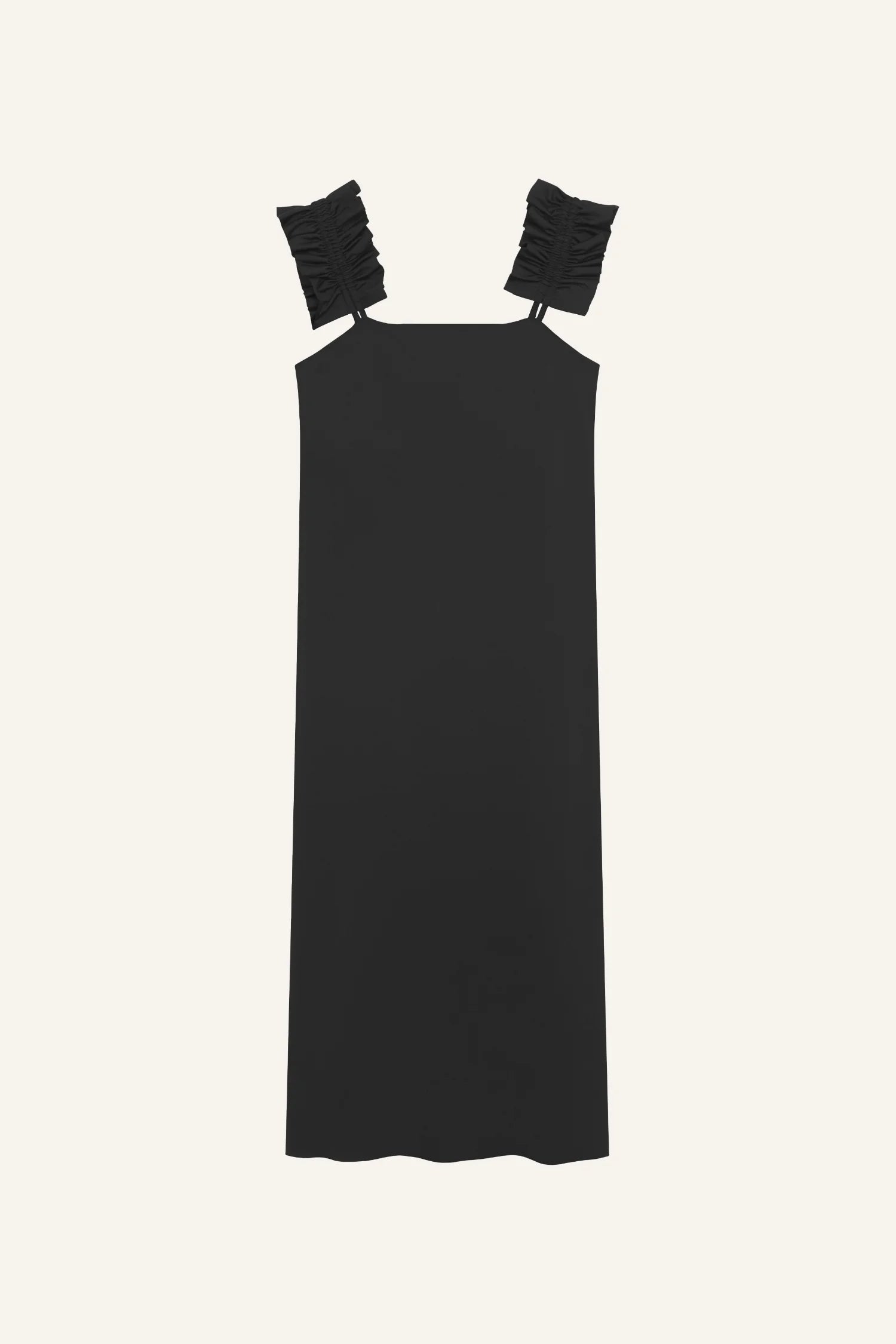 Schwarzes MYMARINI-Kleid mit breiten Trägern und geradem Schnitt vor hellem Hintergrund.#color_black