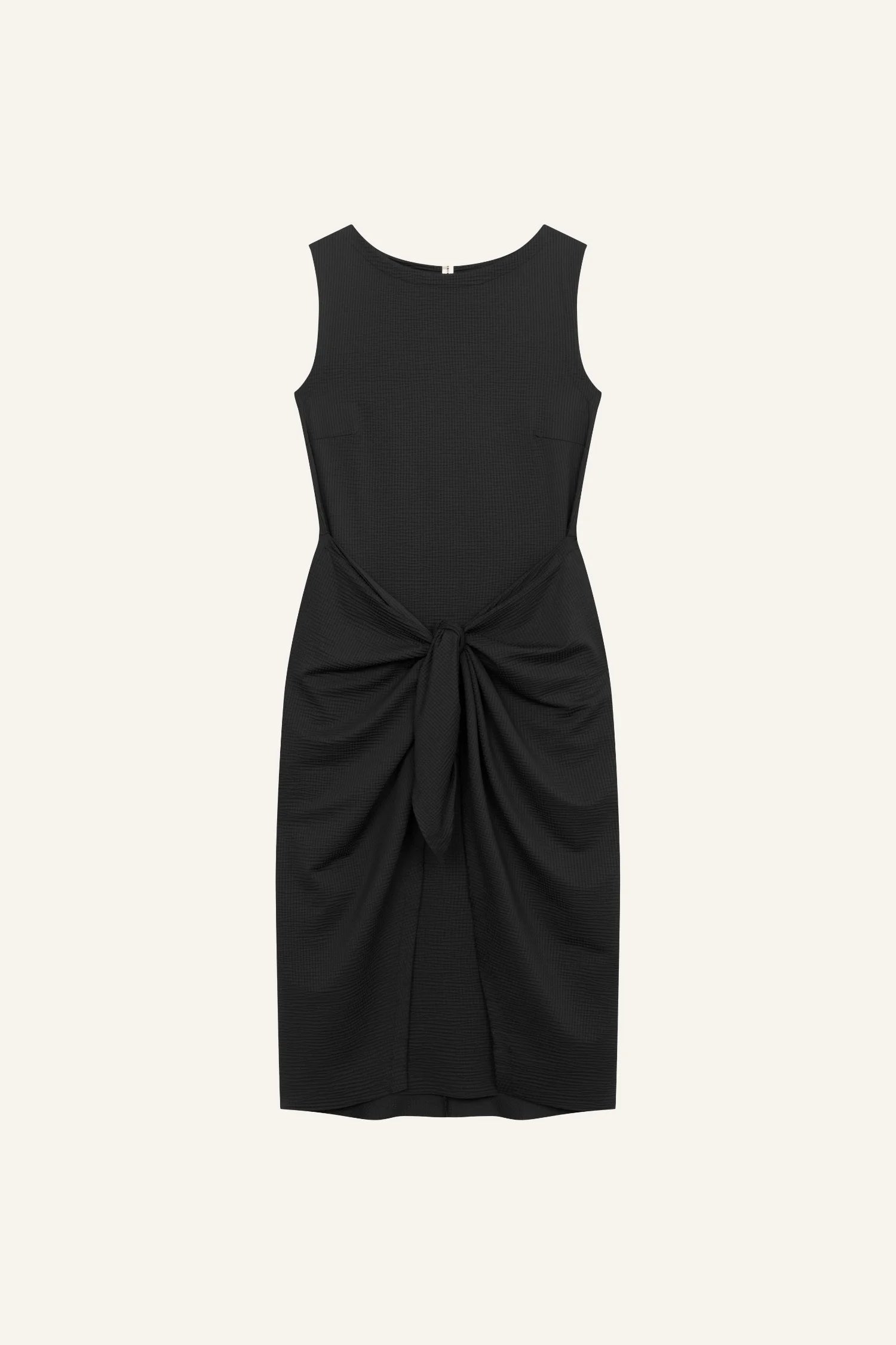 MYMARINI One-Piece-Badeanzug, hoch geschlossen ohne Ärmel, mit Knotenbund vorn und weiter Rockpartie.