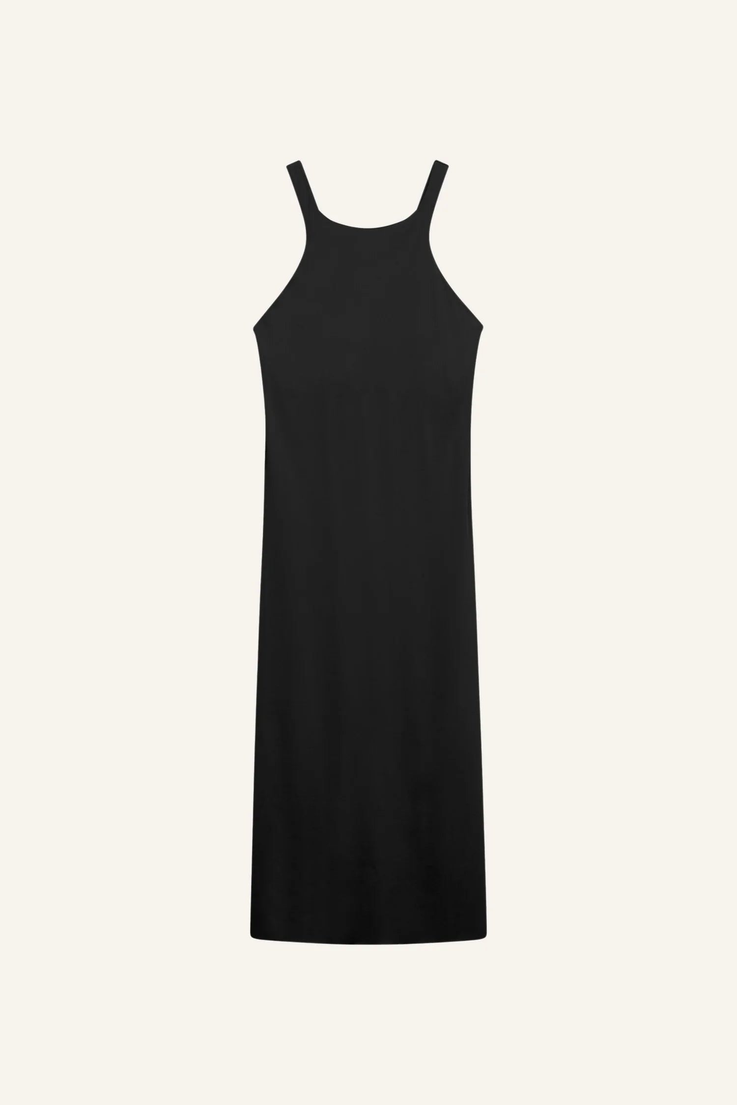 Schwarzes MYMARINI-Kleid mit breiten Trägern und hochgeschlossenem Schnitt vor hellem Hintergrund.#color_black