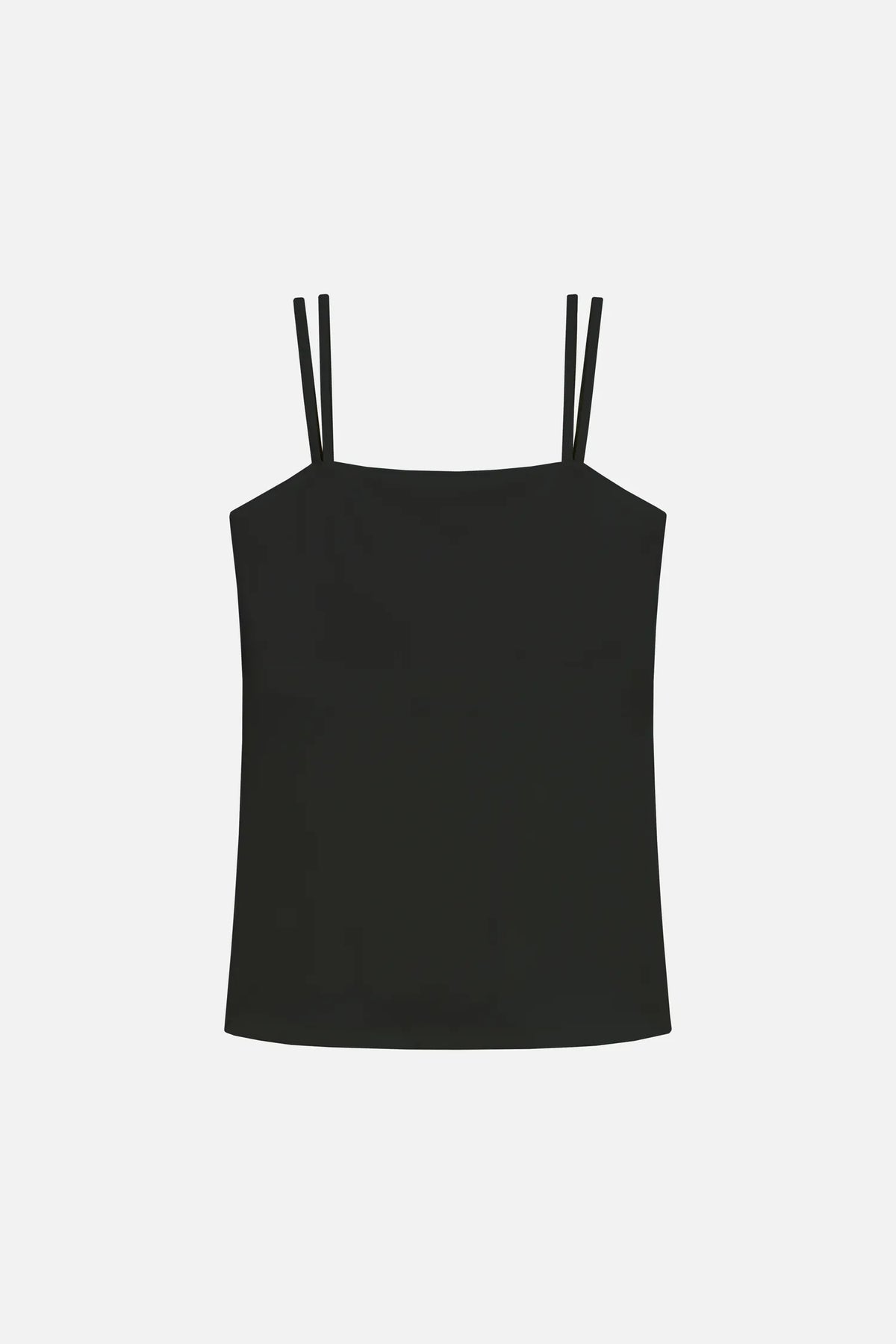 Schwarzes MYMARINI-Top mit Spaghettiträgern vor hellem Hintergrund.#color_black-ribbed