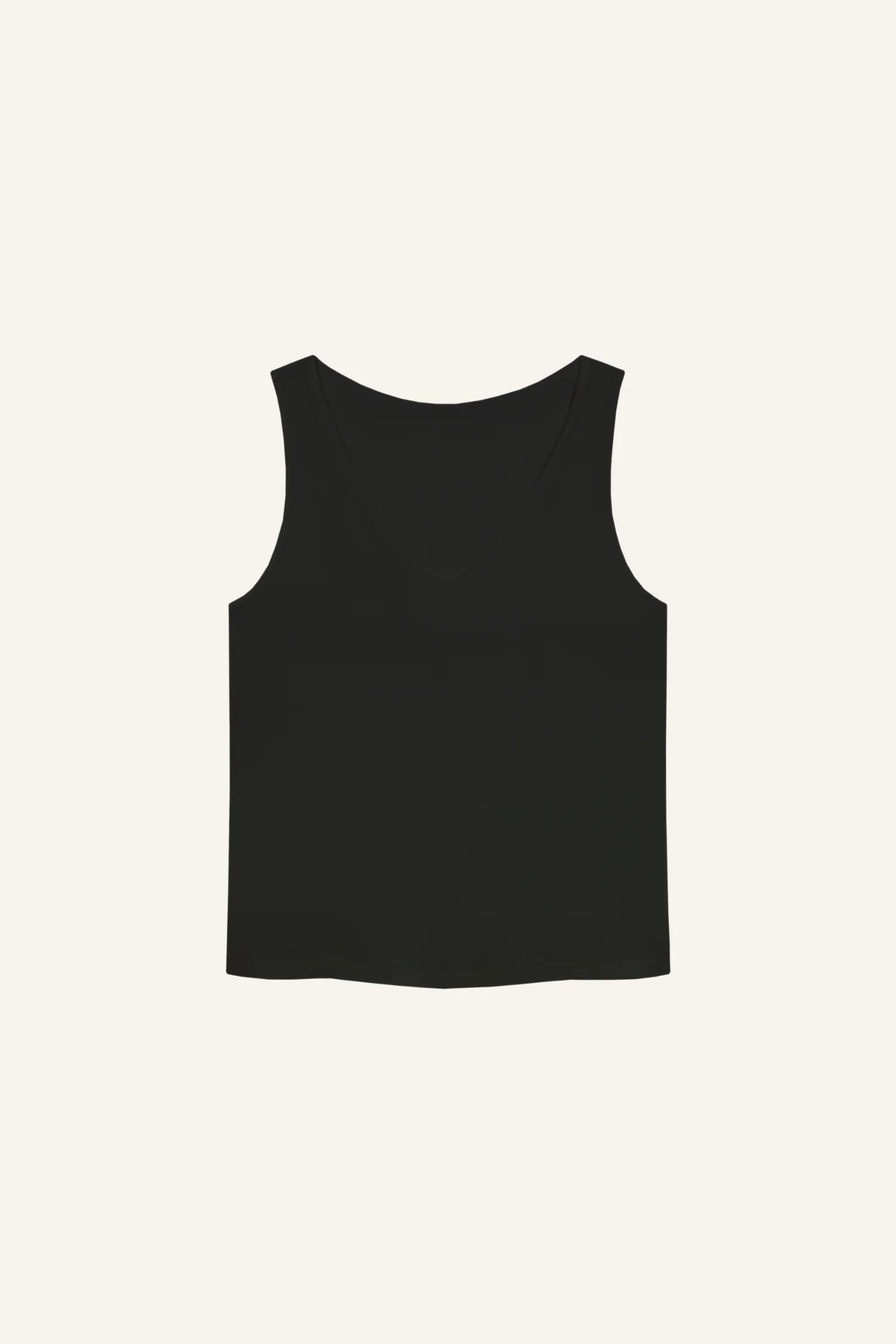 Schwarzes MYMARINI-Top mit V-Ausschnitt vor hellem Hintergrund.#color_black