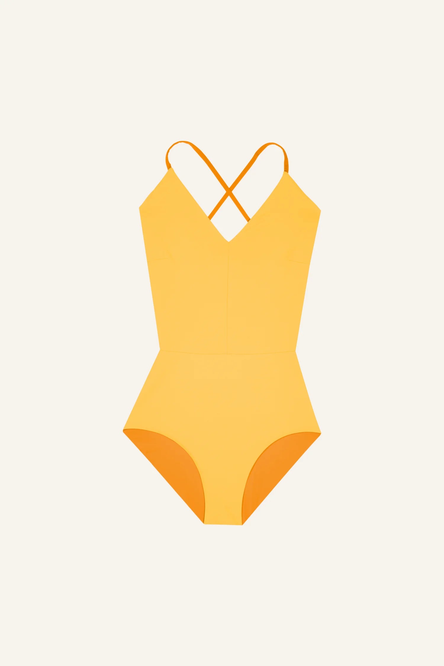Ein gelber MYMARINI Badeanzug mit V-Ausschnitt und Spaghettiträgern vor weißem Hintergrund.#color_buttermilk-soleil