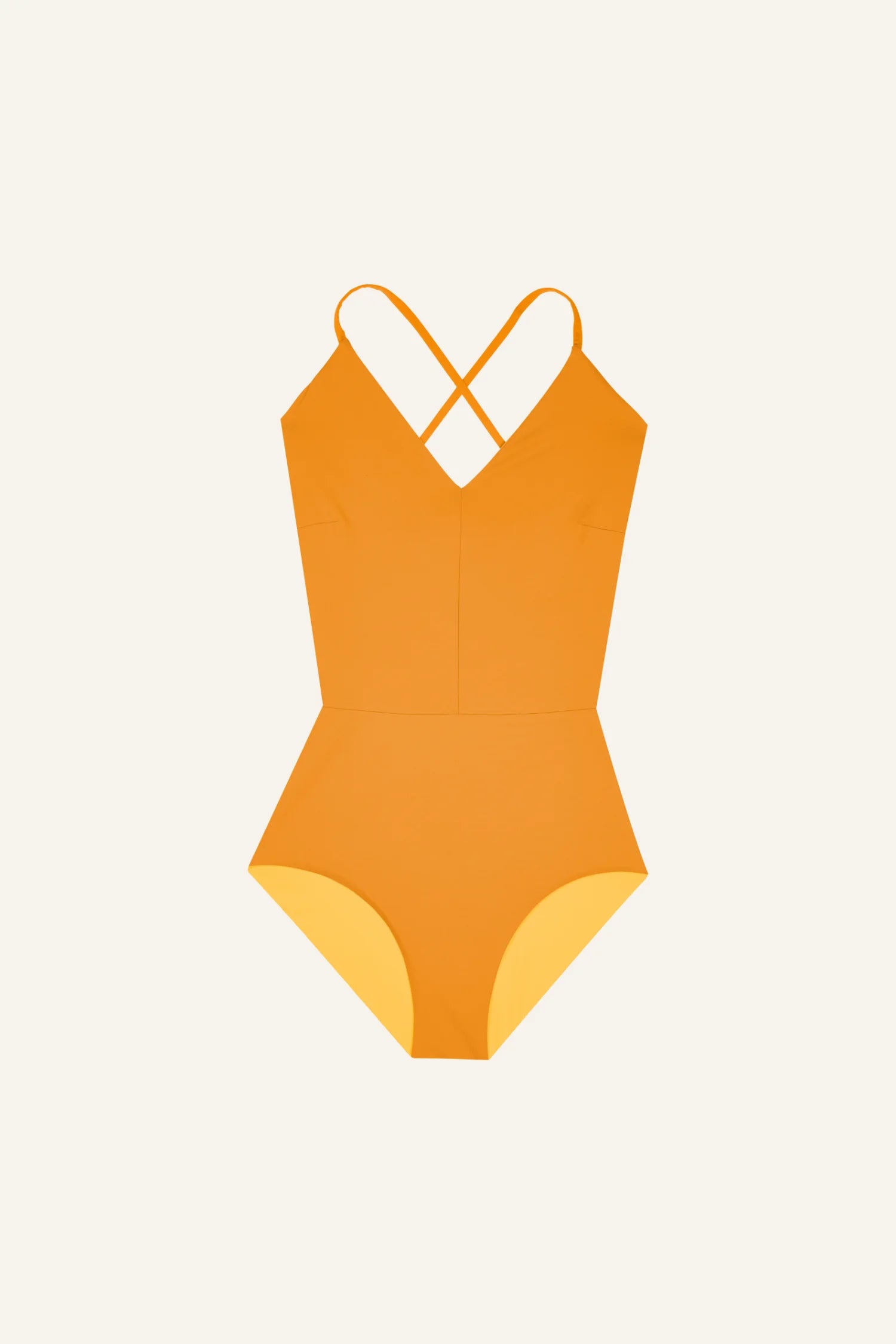 MYMARINI One-Piece in leuchtendem Orange mit V-Ausschnitt und Cross-Top-Trägern vor hellem Hintergrund.#color_buttermilk-soleil