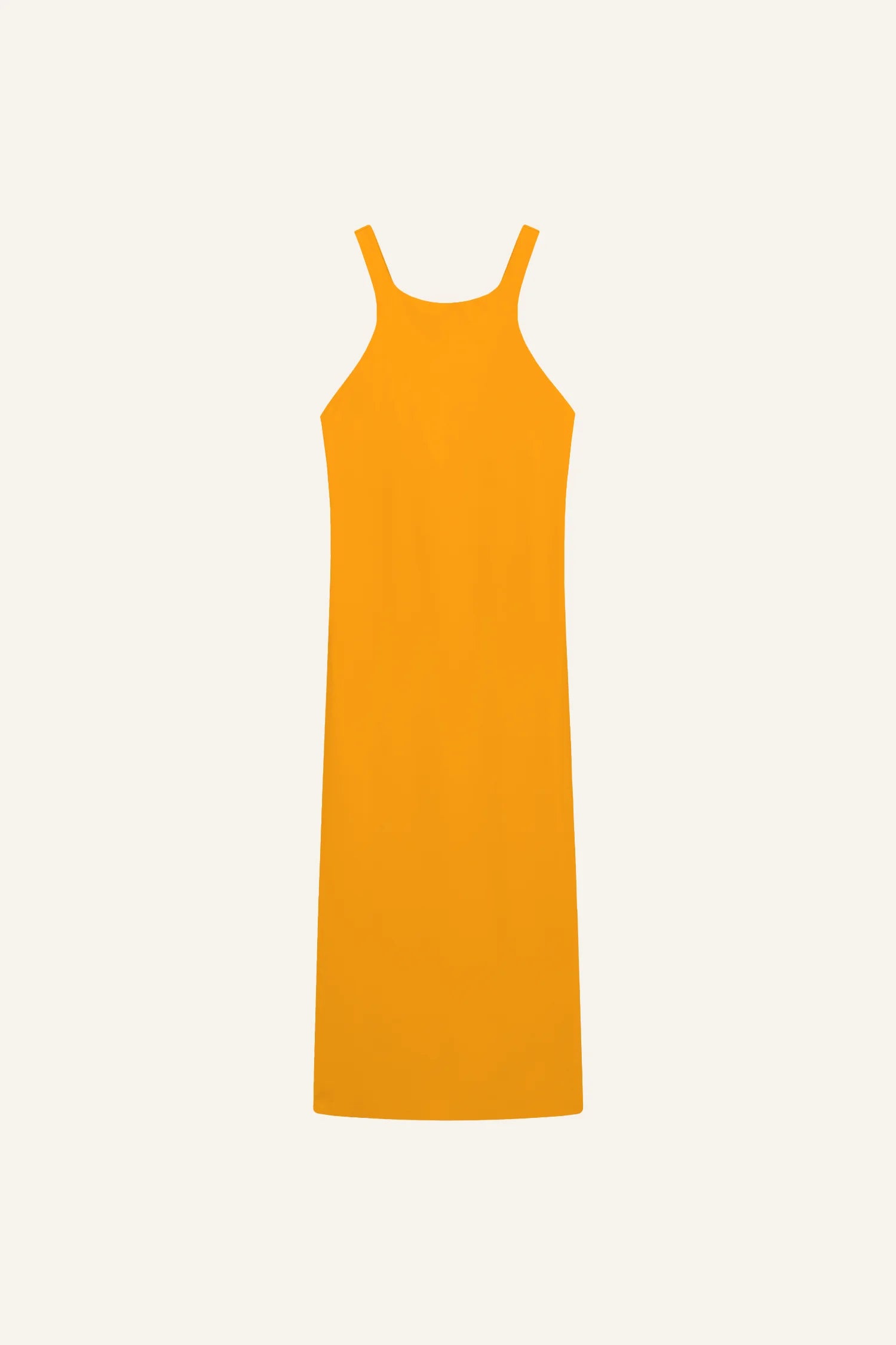 Ärmelloses, orangefarbenes MYMARINI-Kleid mit breiten Trägern vor hellem Hintergrund.#color_buttermilk-soleil