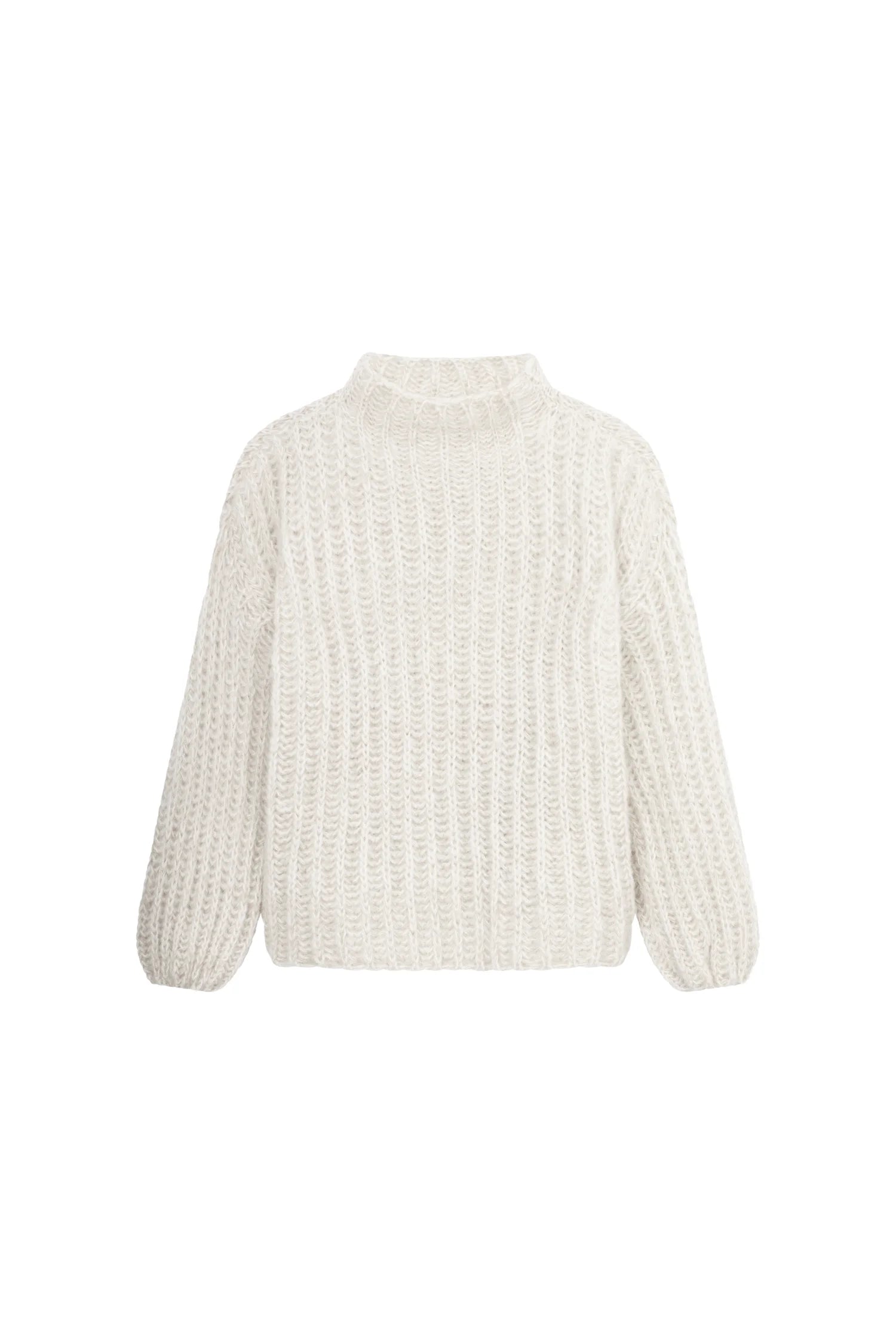 Weißer Strickpullover mit Rundhalsausschnitt und langen Ärmeln.#color_white-stone