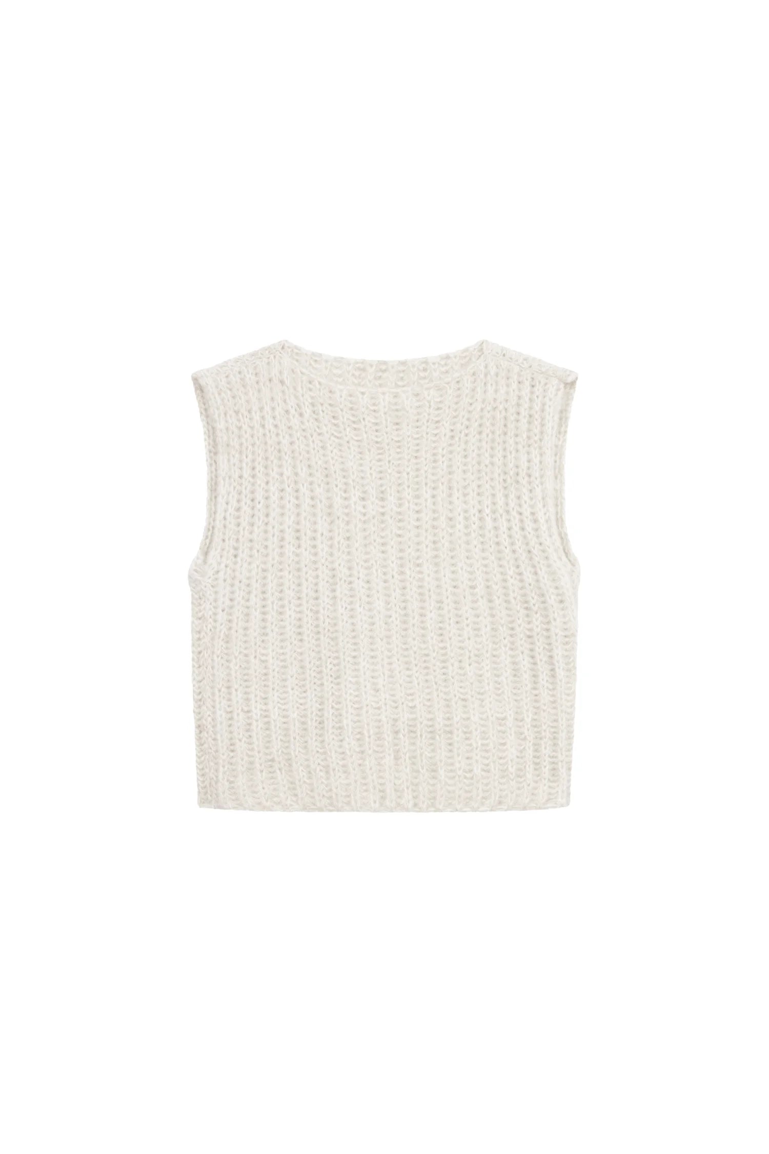 Ärmelloses, cremefarbenes Top von MYMARINI mit Rundhalsausschnitt und geripptem Strickmuster.#color_white-stone
