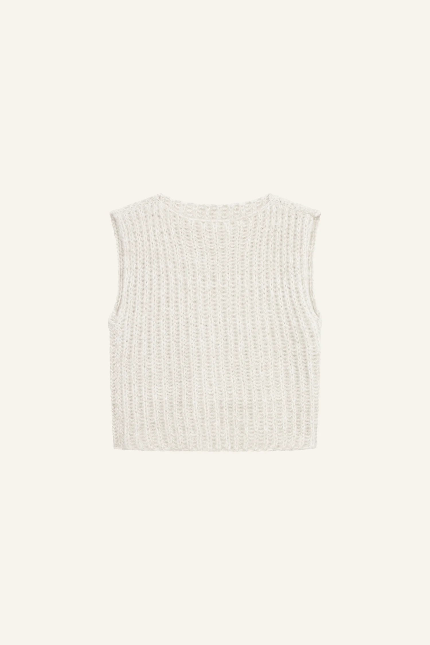 Ärmelloses, cremefarbenes Top von MYMARINI mit Rundhalsausschnitt und geripptem Strickmuster.#color_white-stone