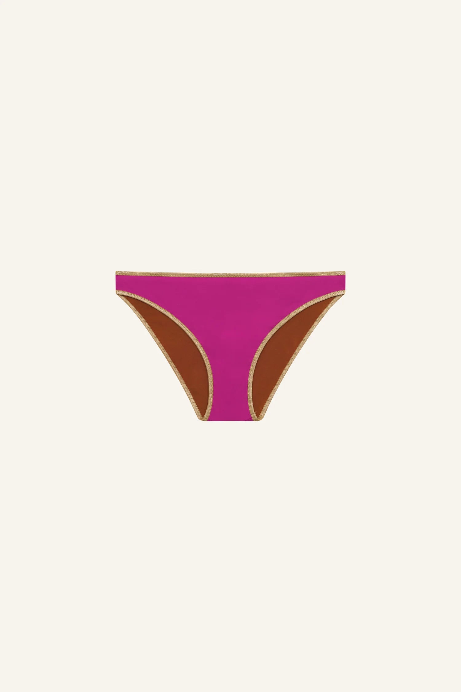MYMARINI Bikinihose in Pink mit braunen Seiteneinsätzen und goldfarbenem Rand, Hoher Beinausschnitt.#color_maroon-hortensia