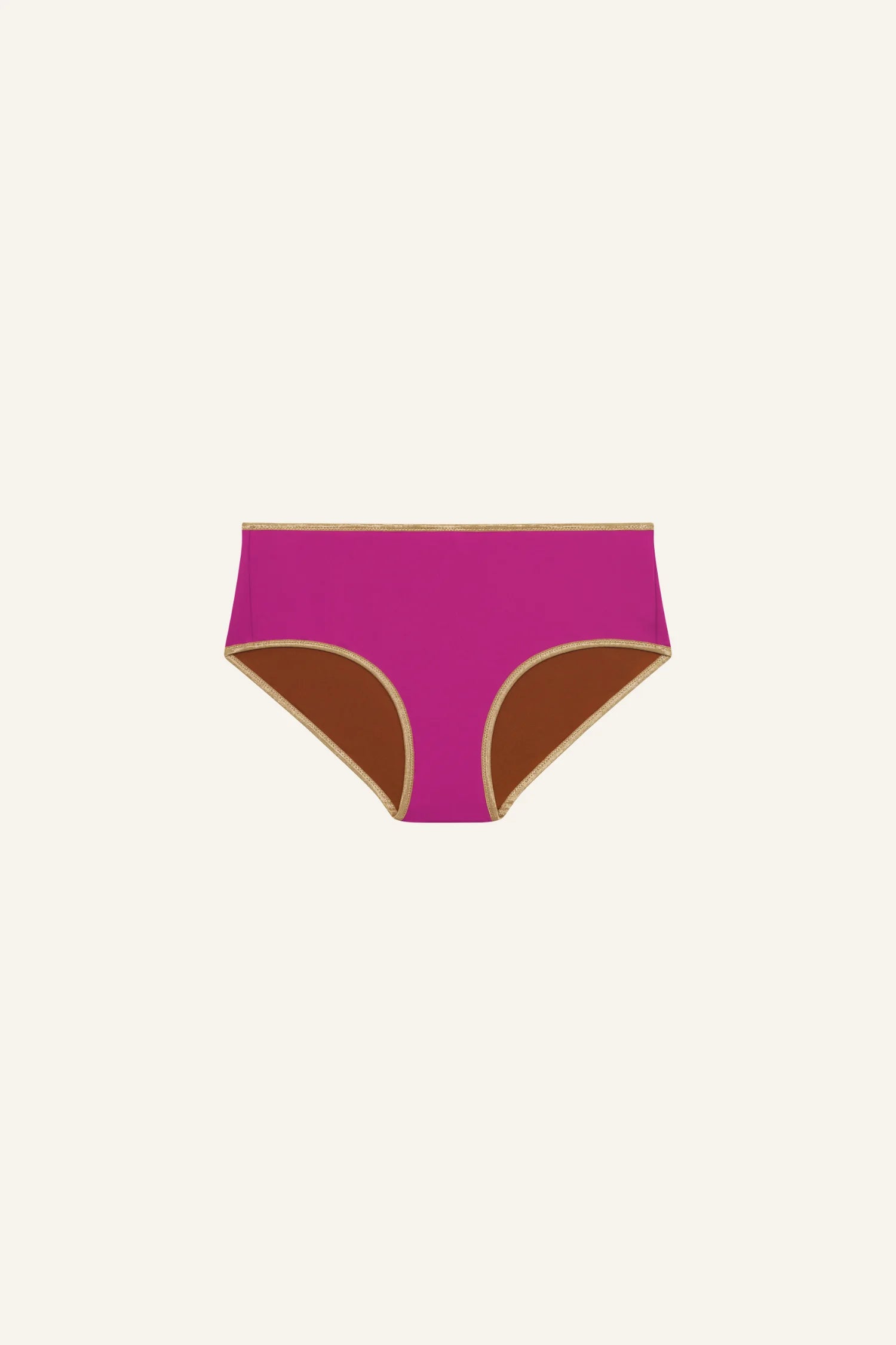 MYMARINI Bikinihose in Pink mit hohem Bund; braune Innenseite sichtbar, beigefarbene Ziernähte.#color_maroon-hortensia