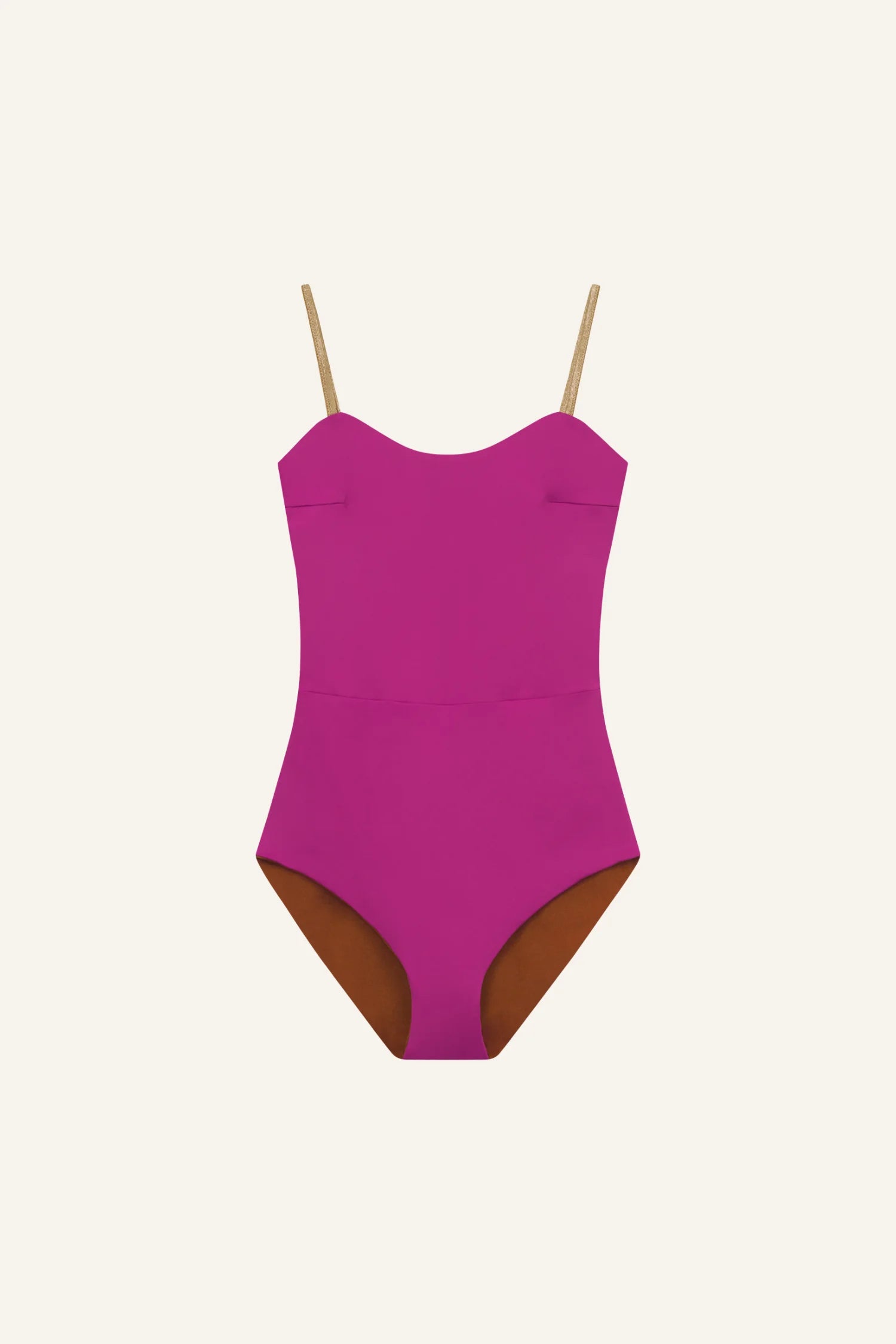 MYMARINI One-Piece-Badeanzug in Pink mit goldenen Spaghettiträgern; hochgeschnittener Beinausschnitt.#color_maroon-hortensia