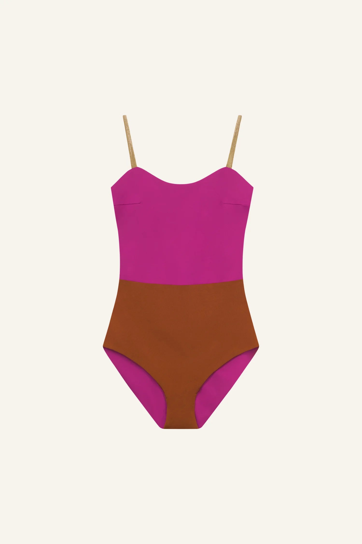 MYMARINI One-Piece Badeanzug: pinkes Oberteil mit braunem Taillenbereich und goldenen Trägern; Spaghettiträger, hoher Beinausschnitt, Vorderansicht.#color_maroon-hortensia
