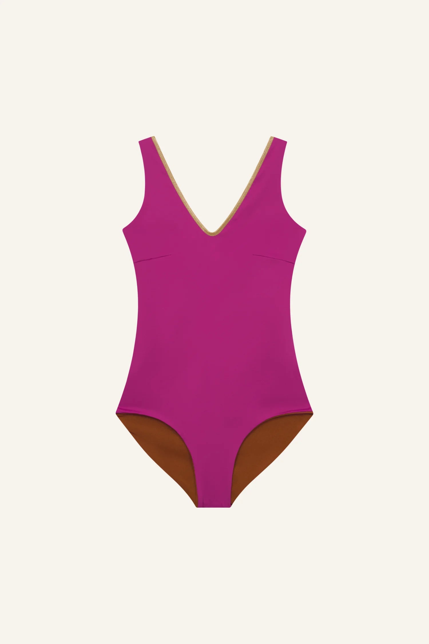 MYMARINI One-Piece-Badeanzug, pink, V-Ausschnitt, breite Träger, goldfarbene Kante – klar, sportlich.#color_maroon-hortensia