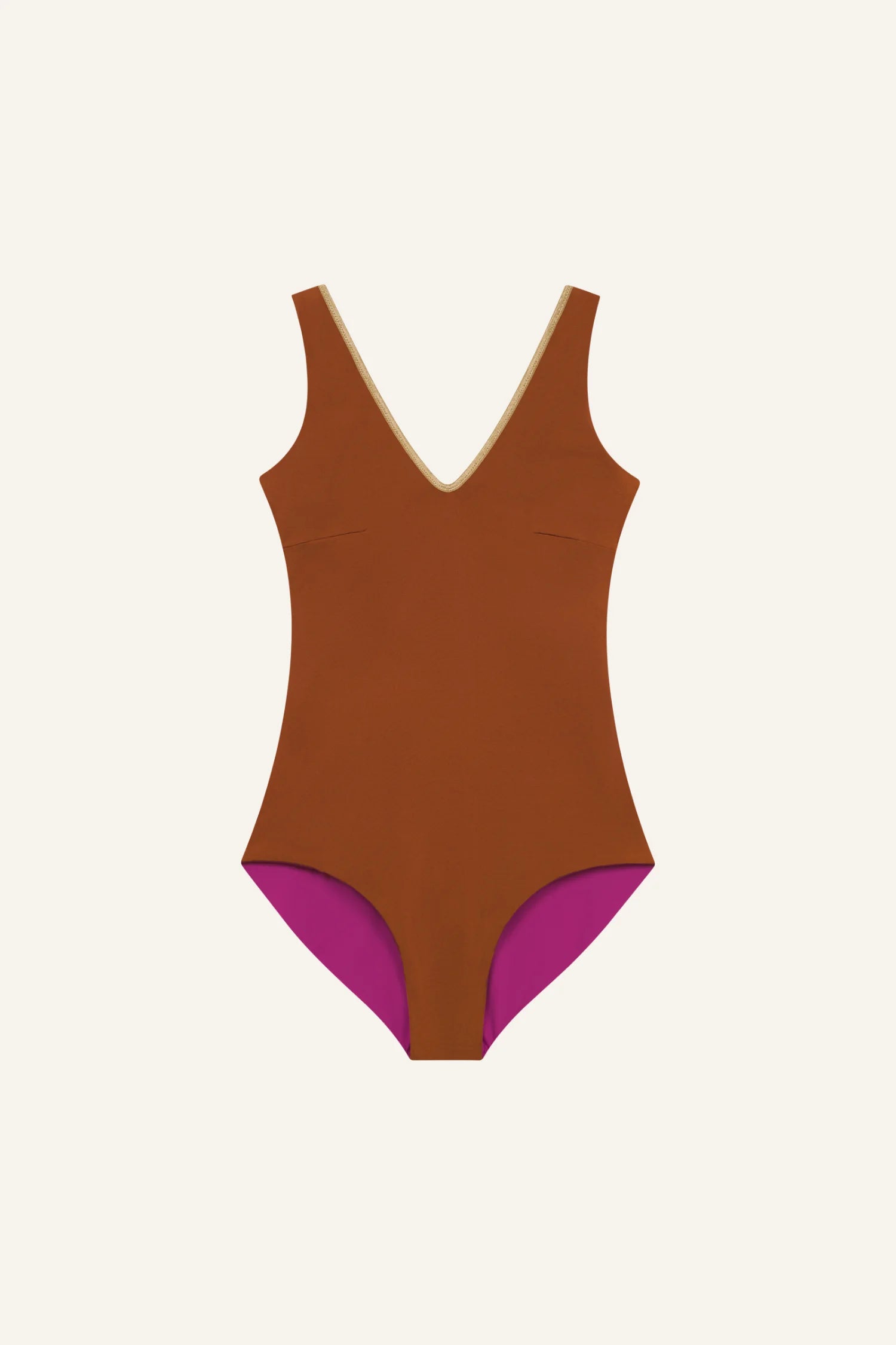 MYMARINI Einteiliger Badeanzug, braun mit pinkem Innenbereich; V-Ausschnitt, breite Träger.#color_maroon-hortensia