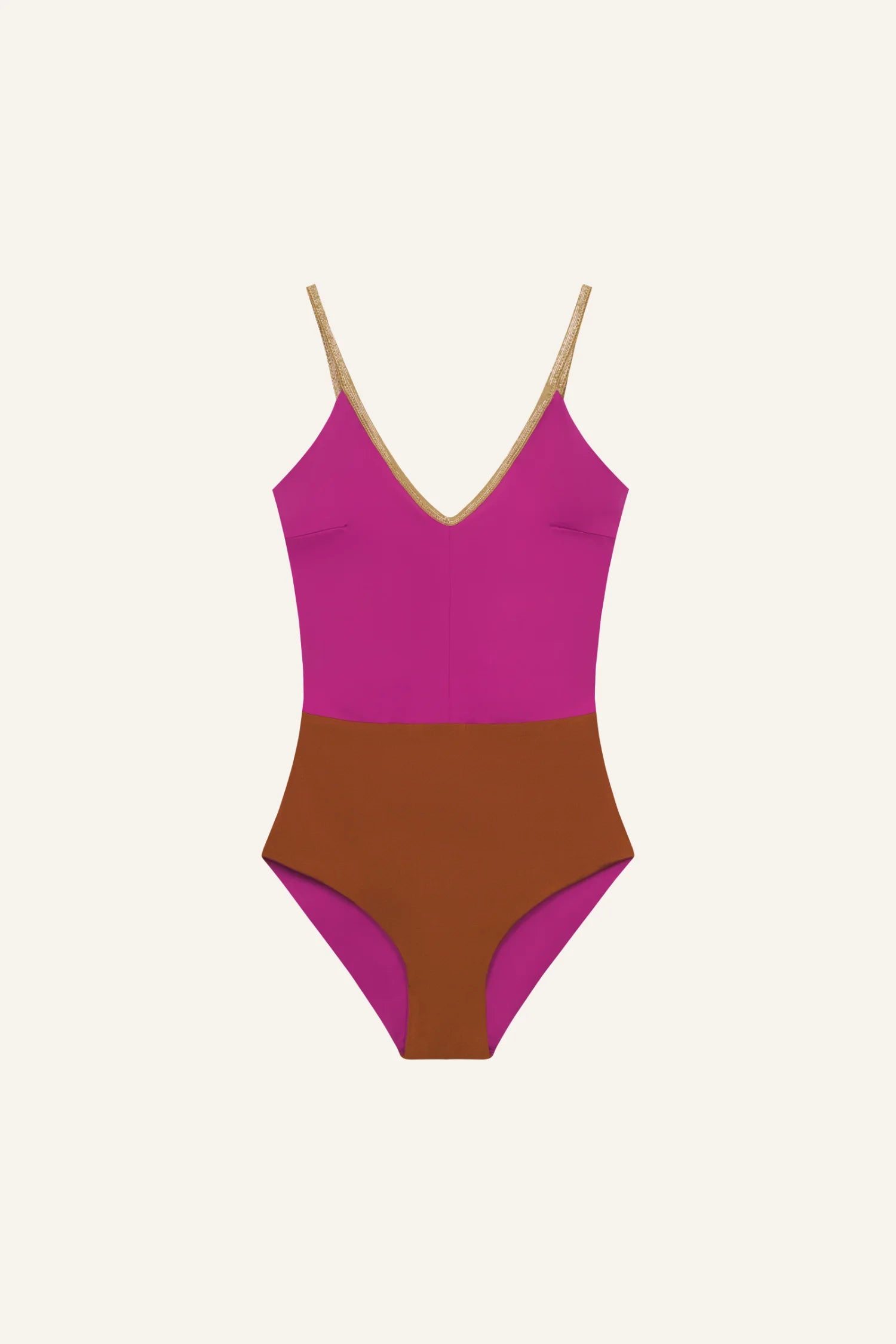MYMARINI One-Piece Badeanzug, magenta Oberteil mit brauner Taille, goldene Träger, tiefer V-Ausschnitt.#color_maroon-hortensia