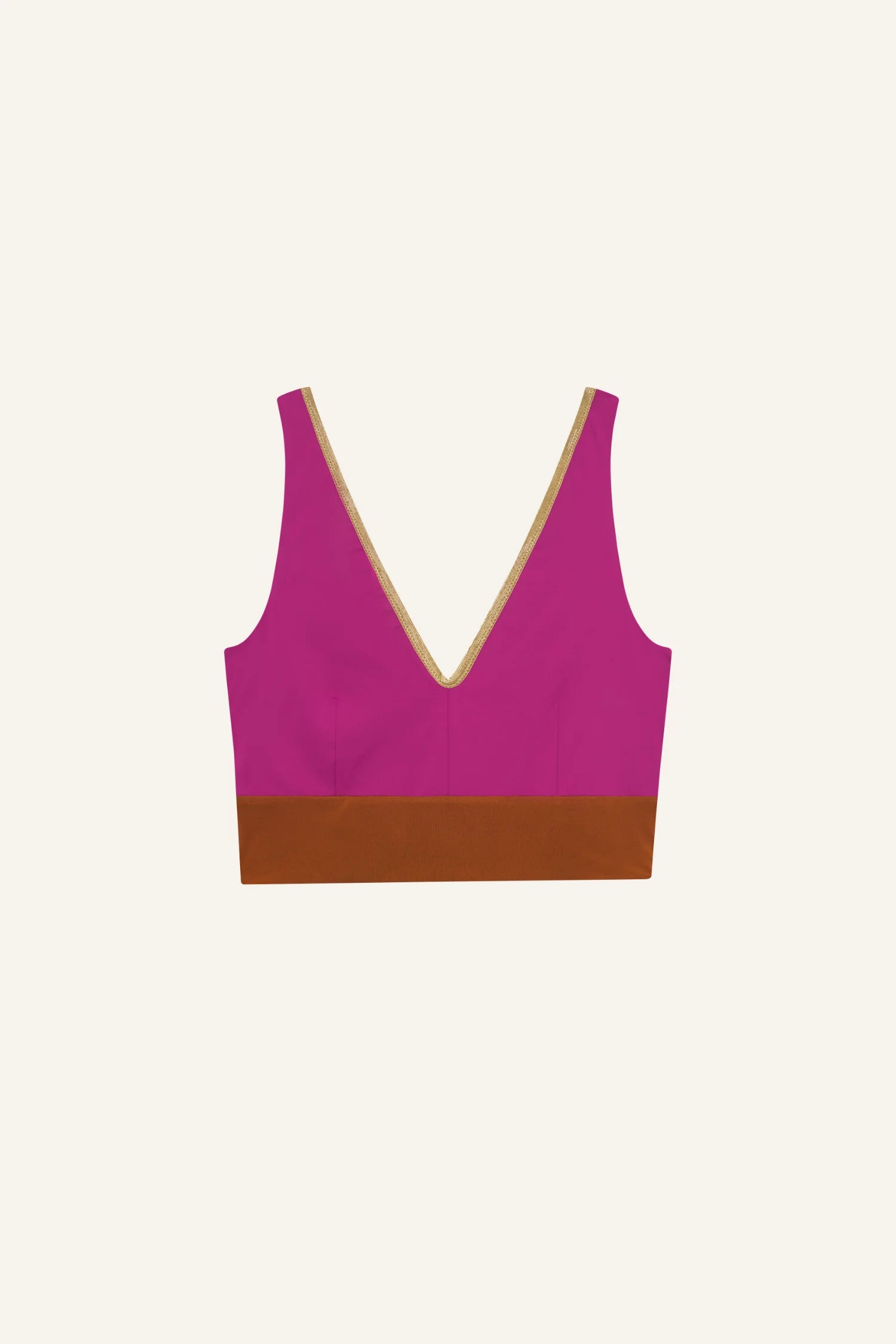 MYMARINI Bikinioberteil in Pink mit goldener V-Ausschnitt-Verzierung und braunem unteren Rand.#color_maroon-hortensia