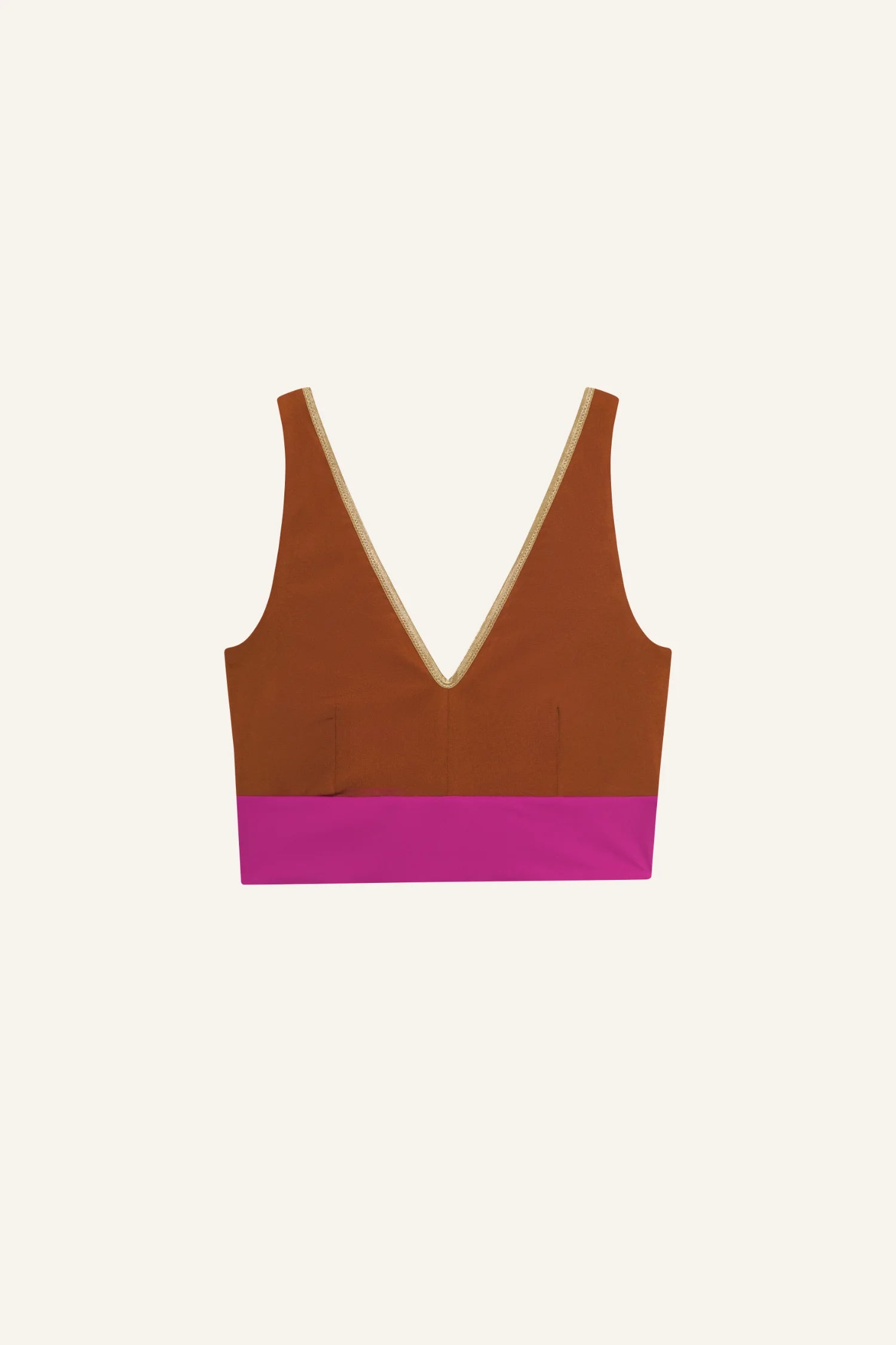 MYMARINI Bikini-Top in Braun mit pinkem unteren Bund, tiefer V-Ausschnitt, breite Träger.#color_maroon-hortensia