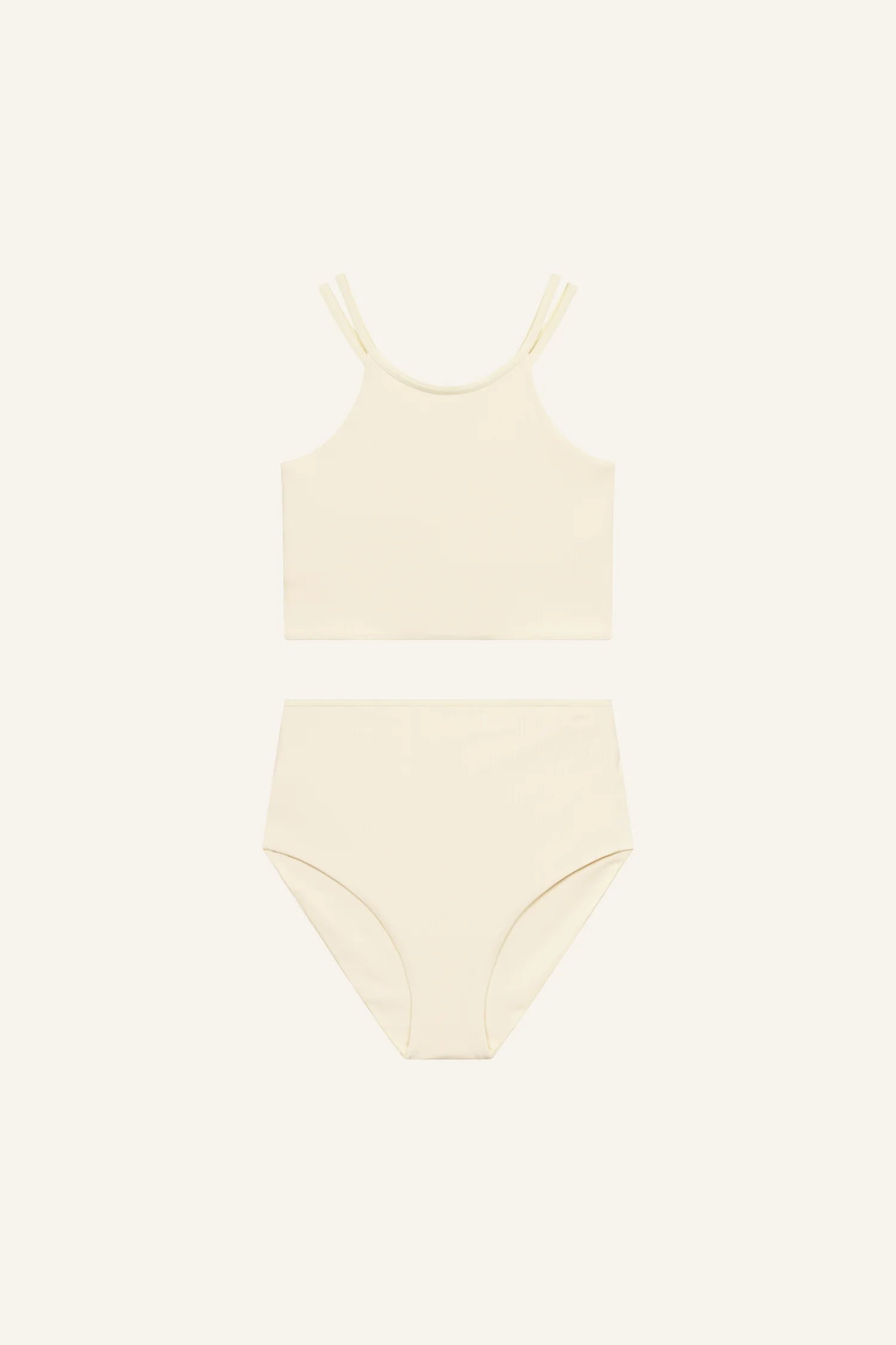 MYMARINI Bikini-Set in Creme mit hochgeschlossenem Top und High-Waist-Hose auf hellem Hintergrund.#color_white