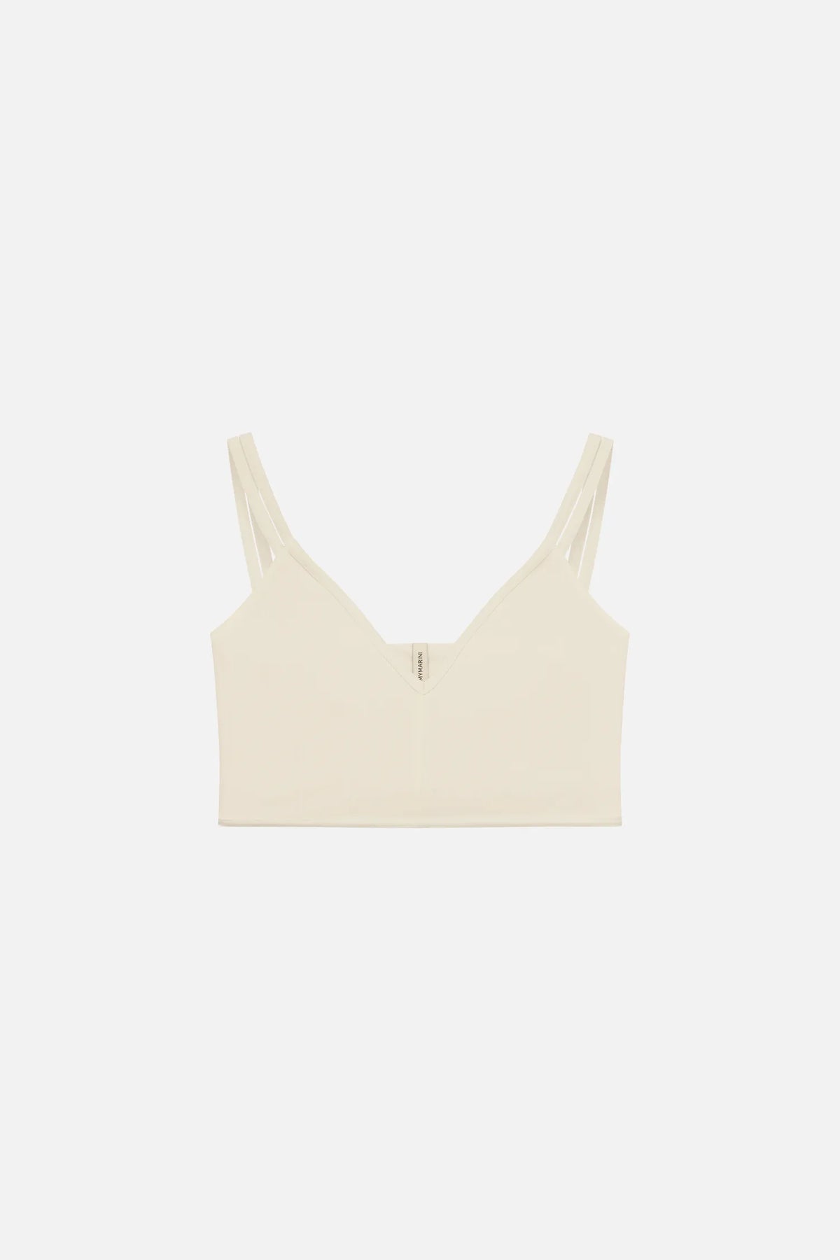Bikinitop von MYMARINI in Creme mit V-Ausschnitt und schmalen Trägern, ideal für stilvolle Strandlooks.#color_white-ribbed