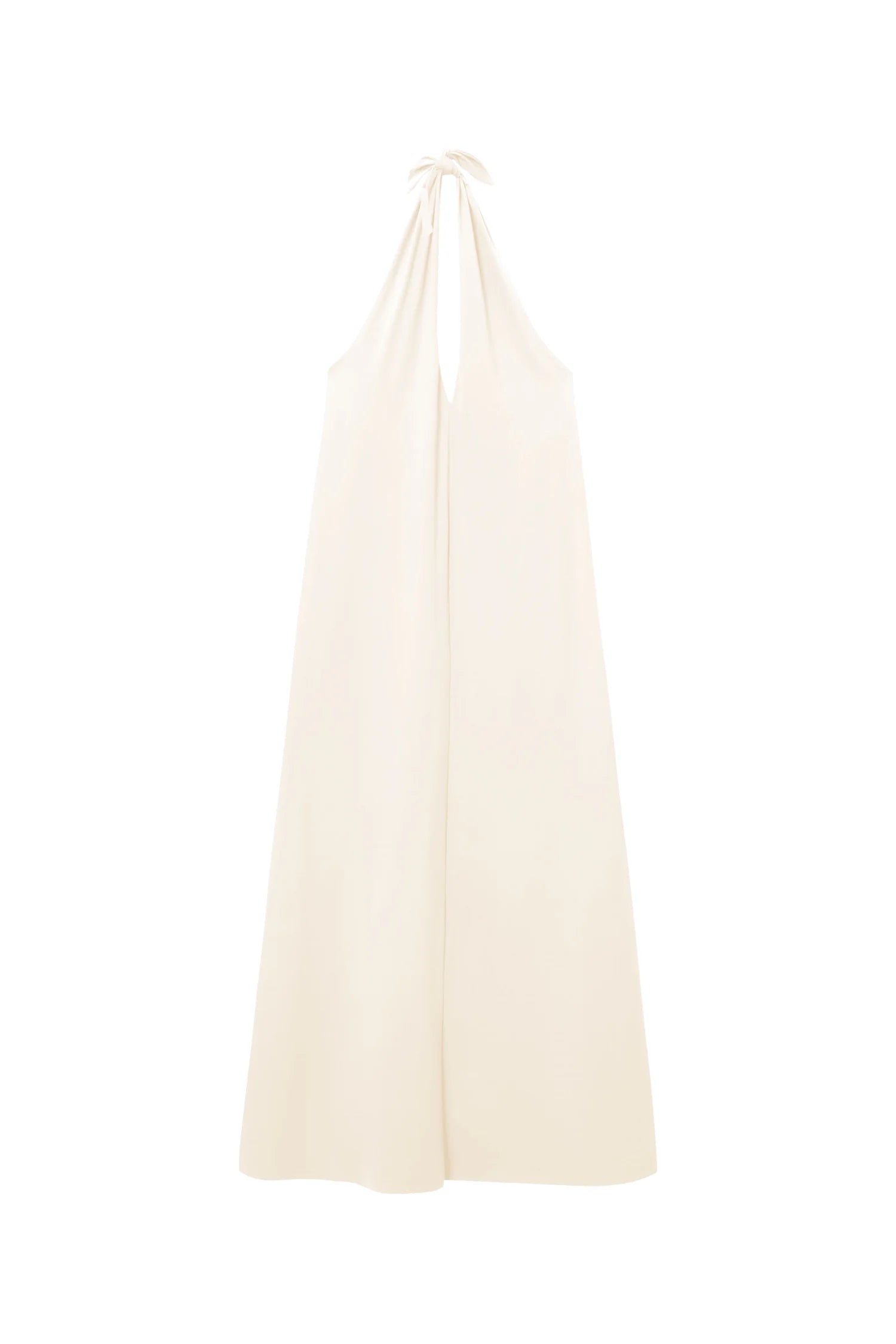 Elegantes, cremefarbenes Neckholder-Kleid von MYMARINI mit fließendem Schnitt vor weißem Hintergrund.#color_white