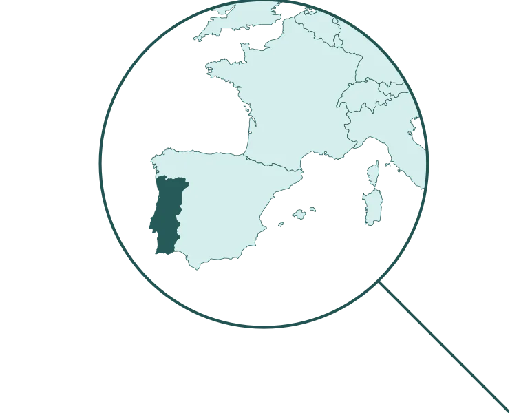 Karte von Westeuropa mit Fokus auf Spanien und Frankreich, dargestellt durch eine Lupe.