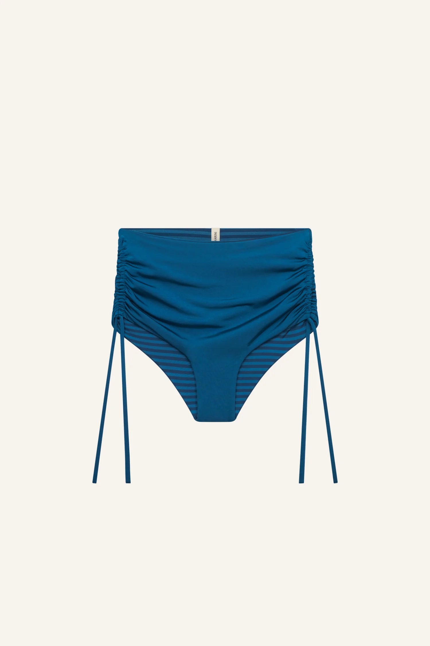 MYMARINI Bikinihose, High-Waist mit seitlicher Raffung und langen Bindebändern, blau.#color_cave-striped