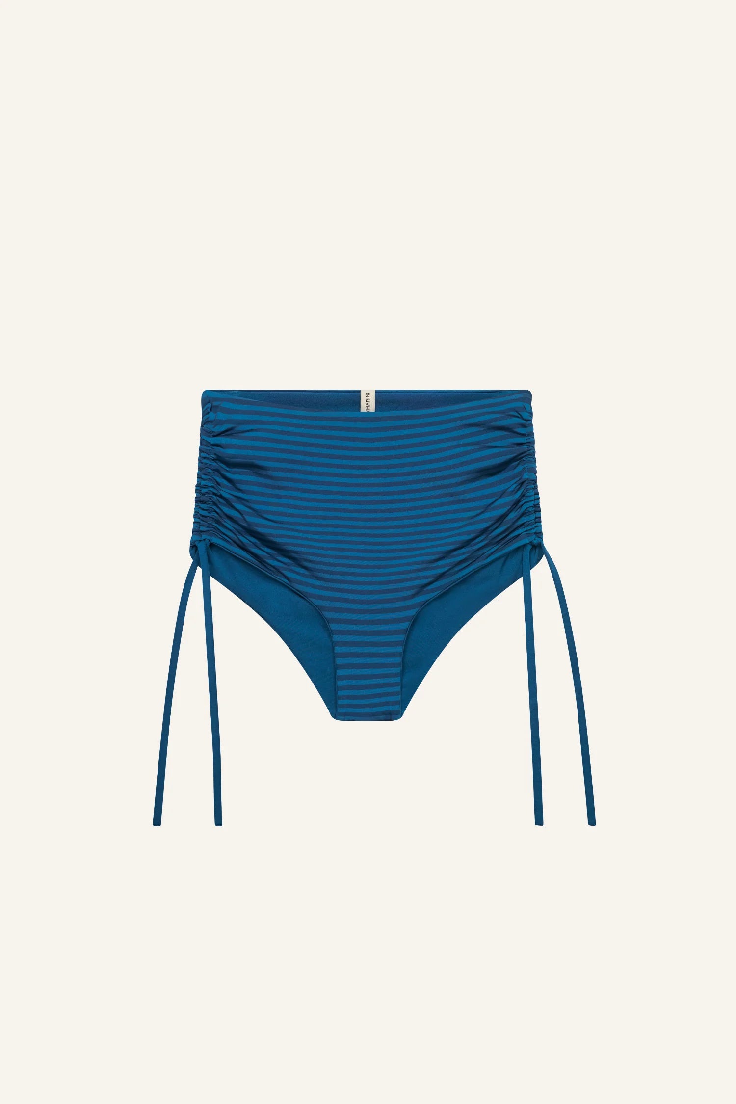 MYMARINI Bikinihose in blauem Streifenmuster, Hoher Bund, seitliche Raffungen mit langen Bindebändern.#color_cave-striped