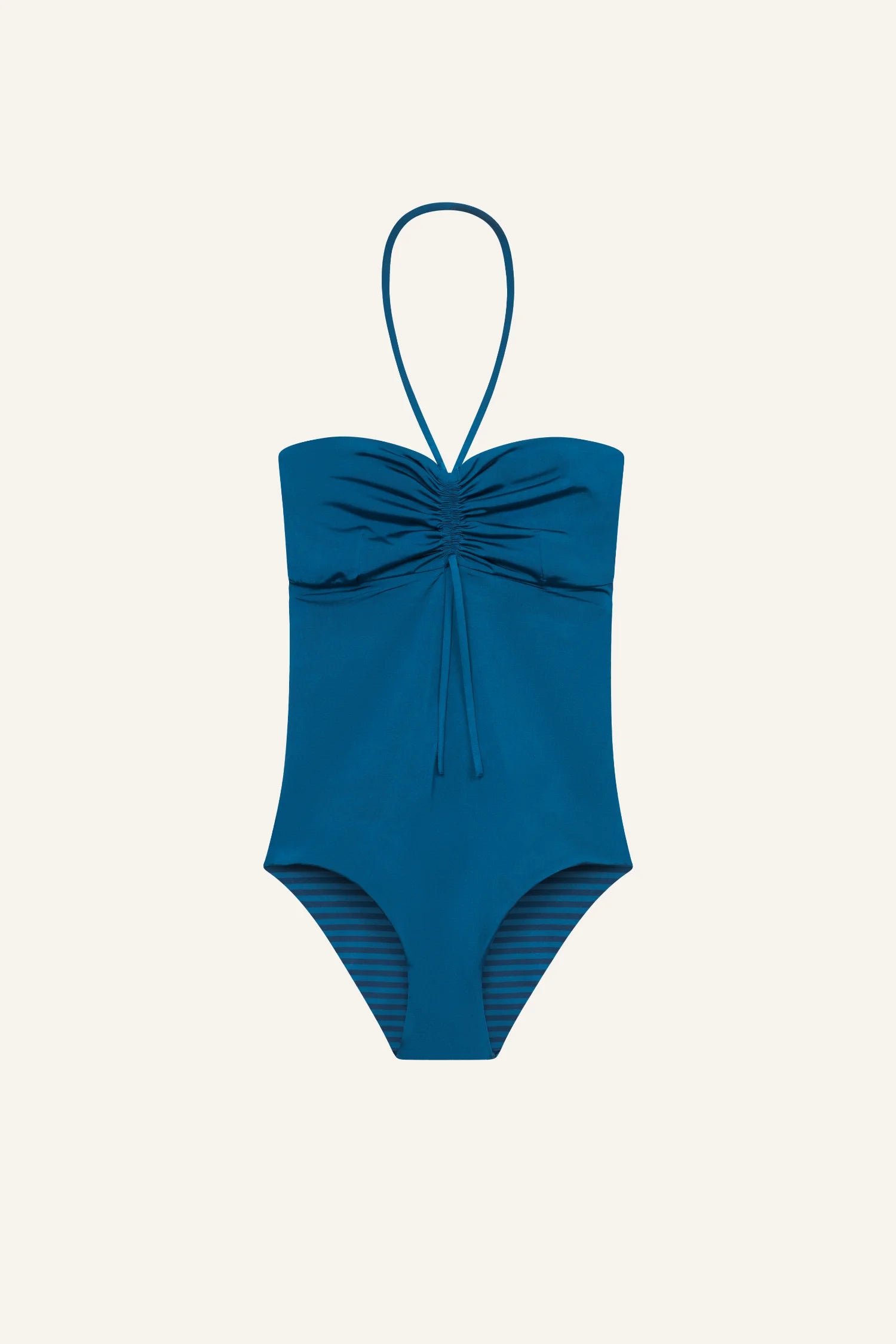 MYMARINI One-Piece-Badeanzug in Blau mit zentraler Raffung, Neckholder-Träger, hoch geschnittener Beinausschnitt.#color_cave-striped