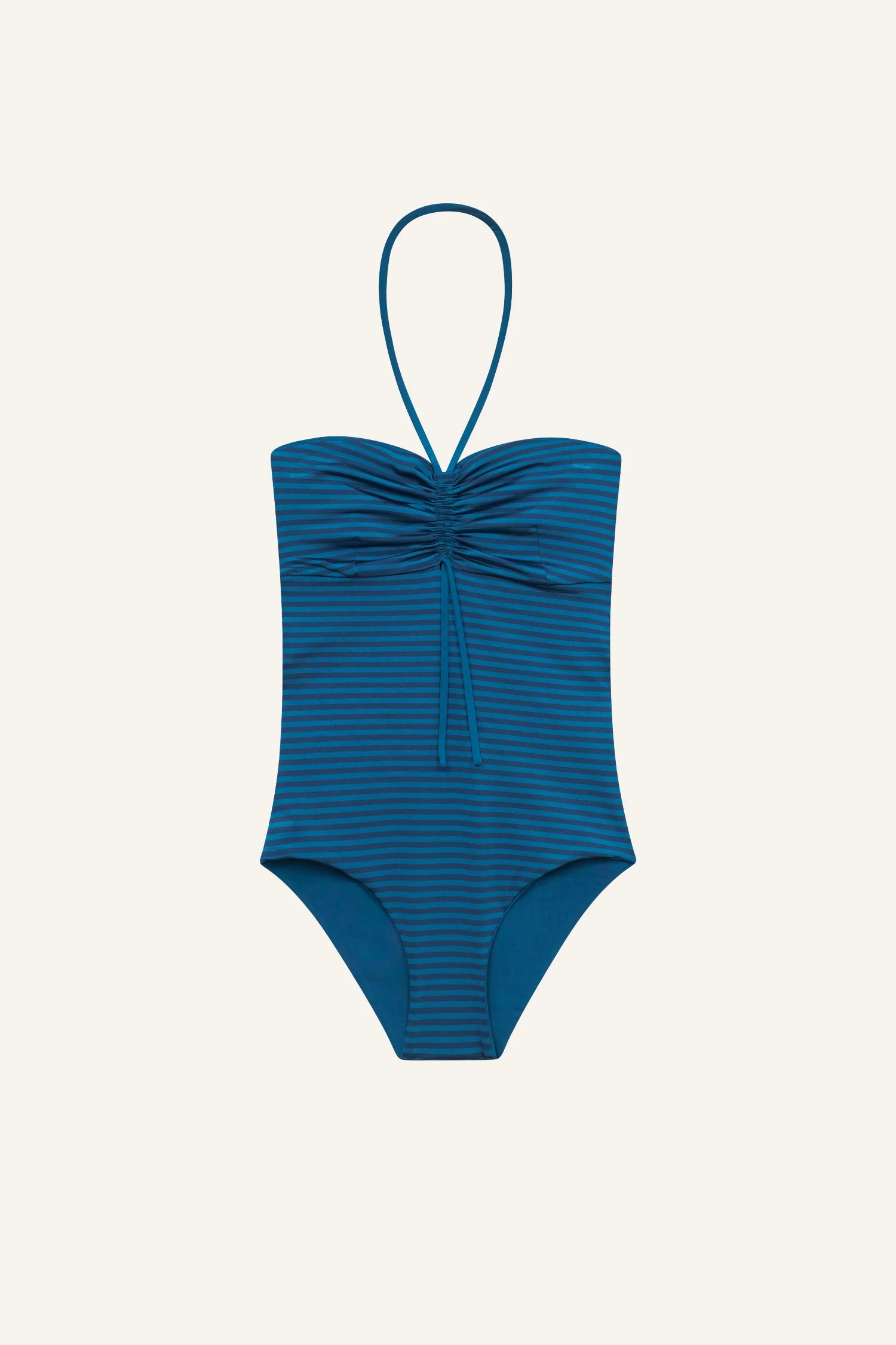MYMARINI One-Piece mit blauem Streifenmuster, zentral geraffter Brustbereich und Bindeband, Nackenhalter, hoher Beinausschnitt.#color_cave-striped
