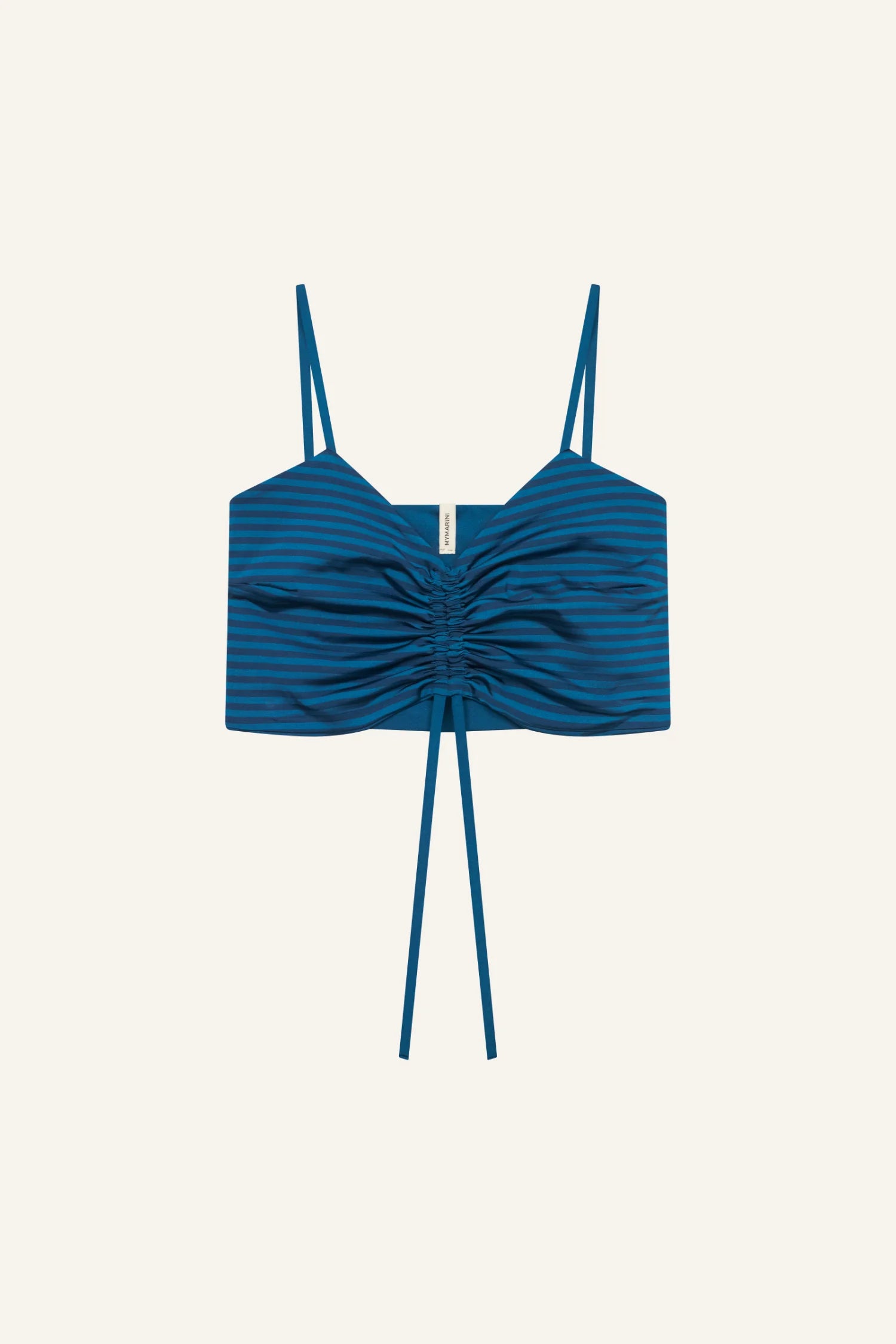 MYMARINI Bikini-Top in blau mit horizontalen Streifen, zentrale Raffung durch Schnürung, dünne Träger.#color_cave-stripe