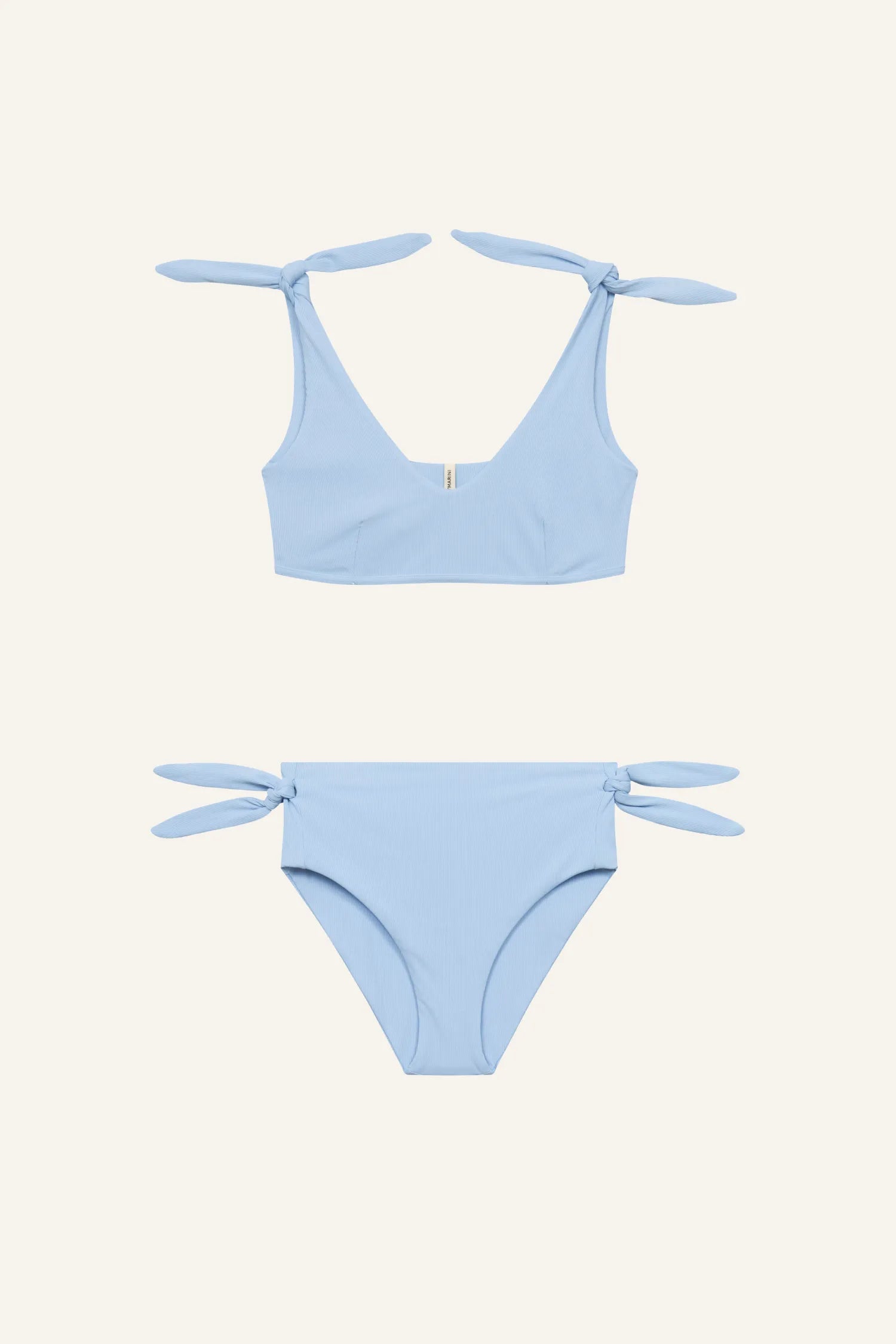 MYMARINI hellblaues Bikinitop mit V-Ausschnitt und seitlichen Schleifen, dazu High-Waist-Bikinihose.#color_pool