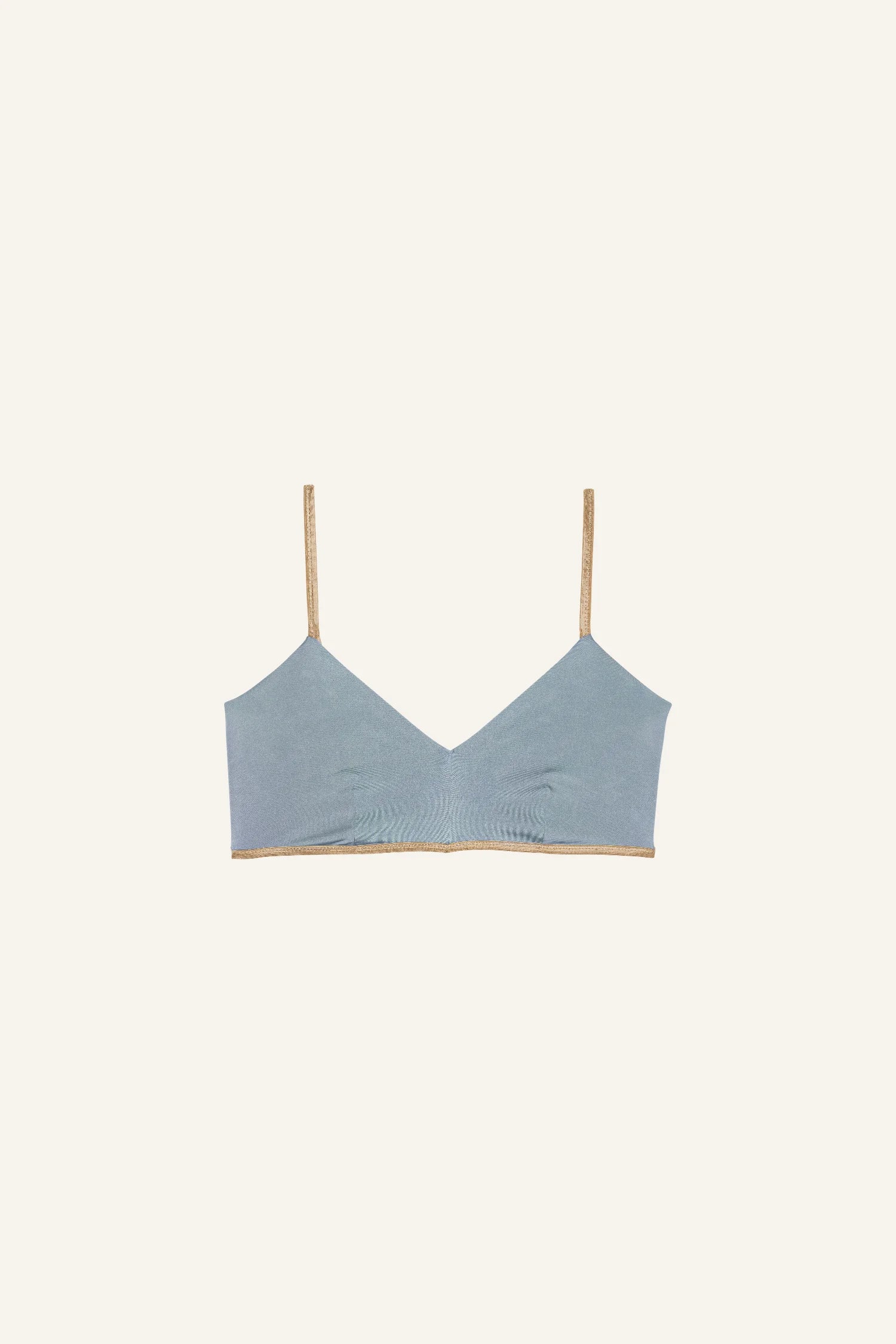 MYMARINI Bikinitop mit V-Ausschnitt und Spaghettiträgern in Blau und Beige auf hellem Hintergrund.#color_crystal-grey