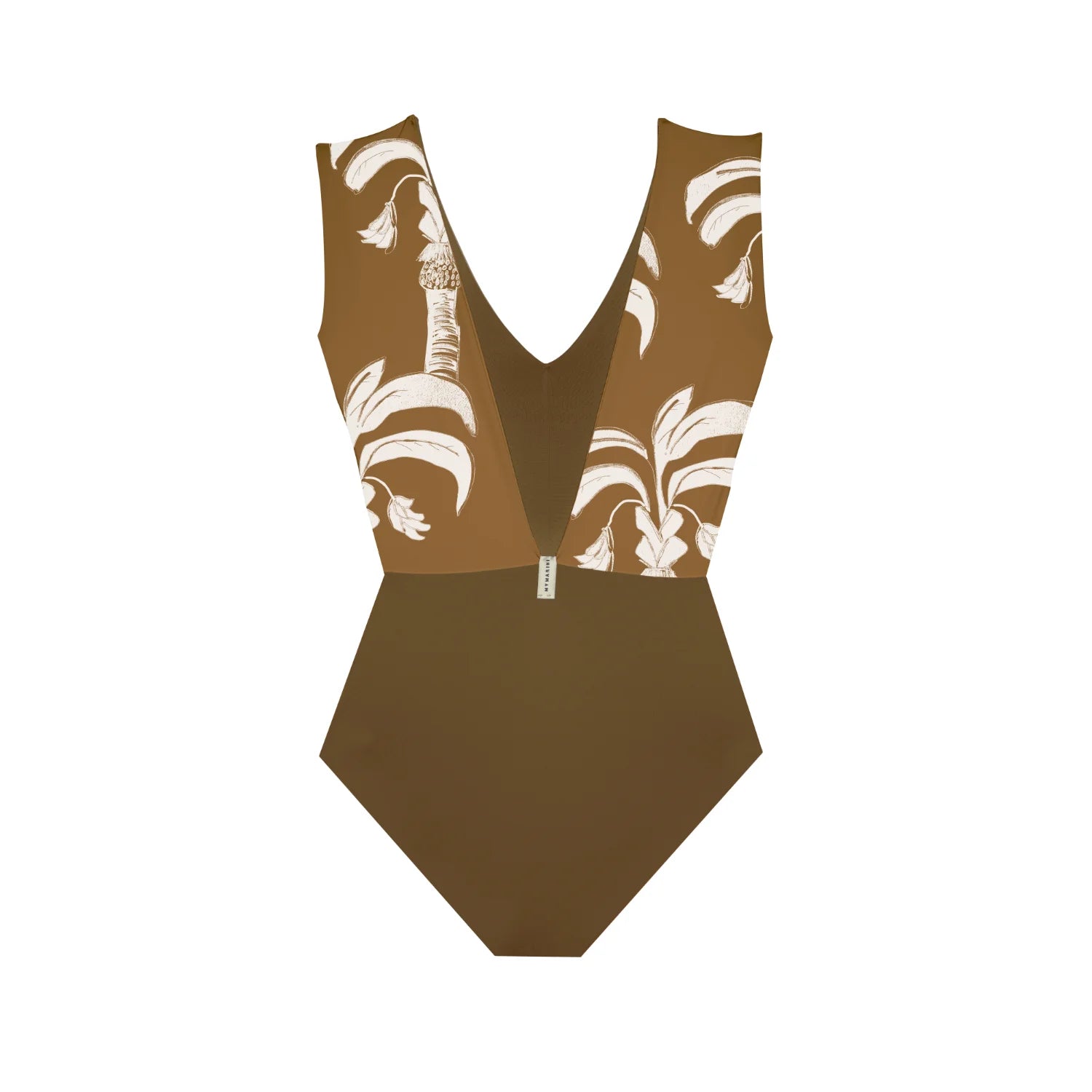 MYMARINI Badeanzug mit V-Ausschnitt und breiten Trägern, braun-weißes Muster, hoher Beinausschnitt.#color_argan-print