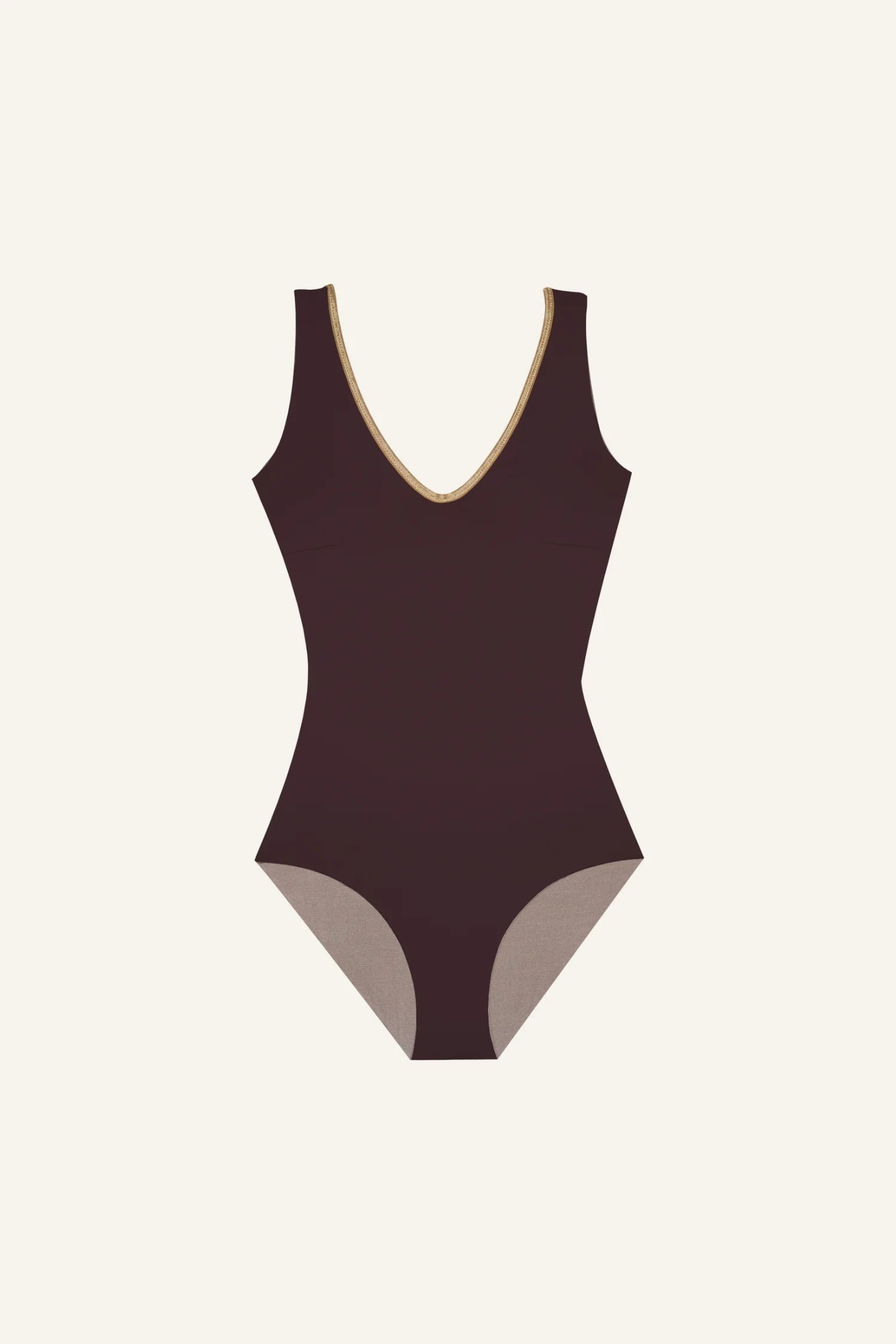 MYMARINI Badeanzug mit V-Ausschnitt und hohem Beinausschnitt in Dunkelbraun auf hellem Hintergrund.#color_shimmer-brown