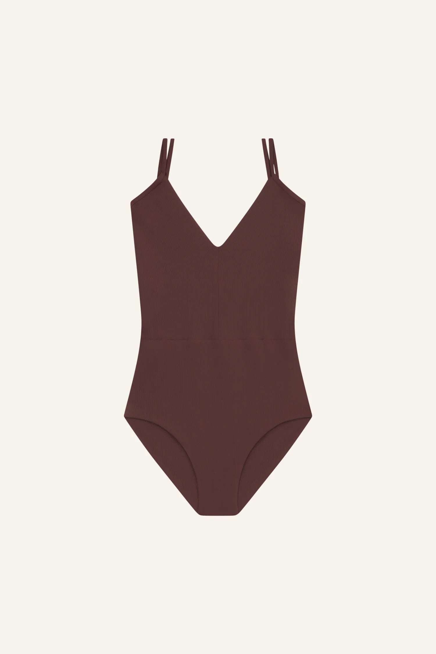 Brauner MYMARINI Badeanzug mit V-Ausschnitt und breiten Trägern, vor hellem Hintergrund.#color_chocolate