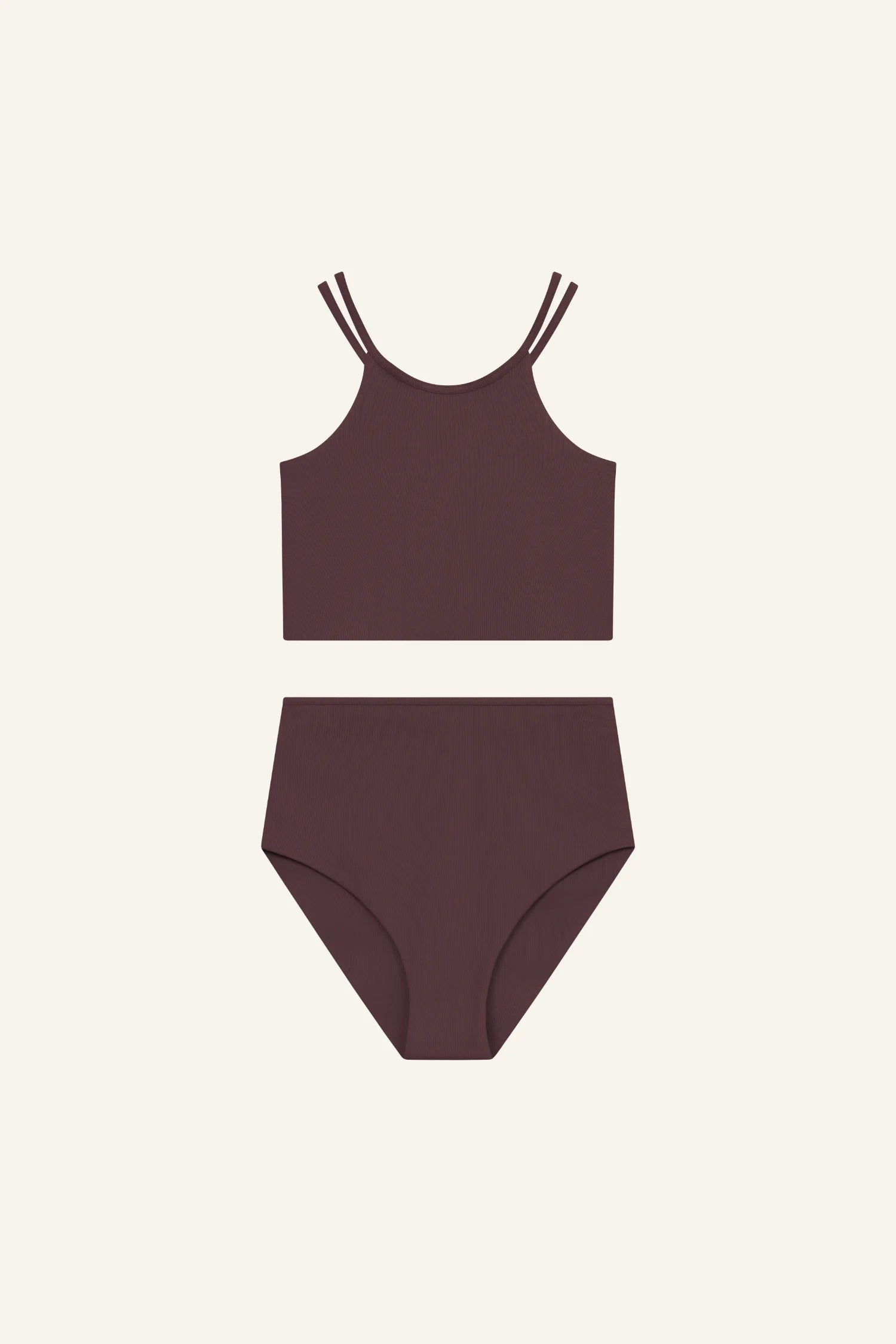 Bikini-Set von MYMARINI in Dunkelrot, bestehend aus hochgeschlossenem Bikinitop mit doppelten Trägern und High-Waist-Bikinihose.#color_chocolate