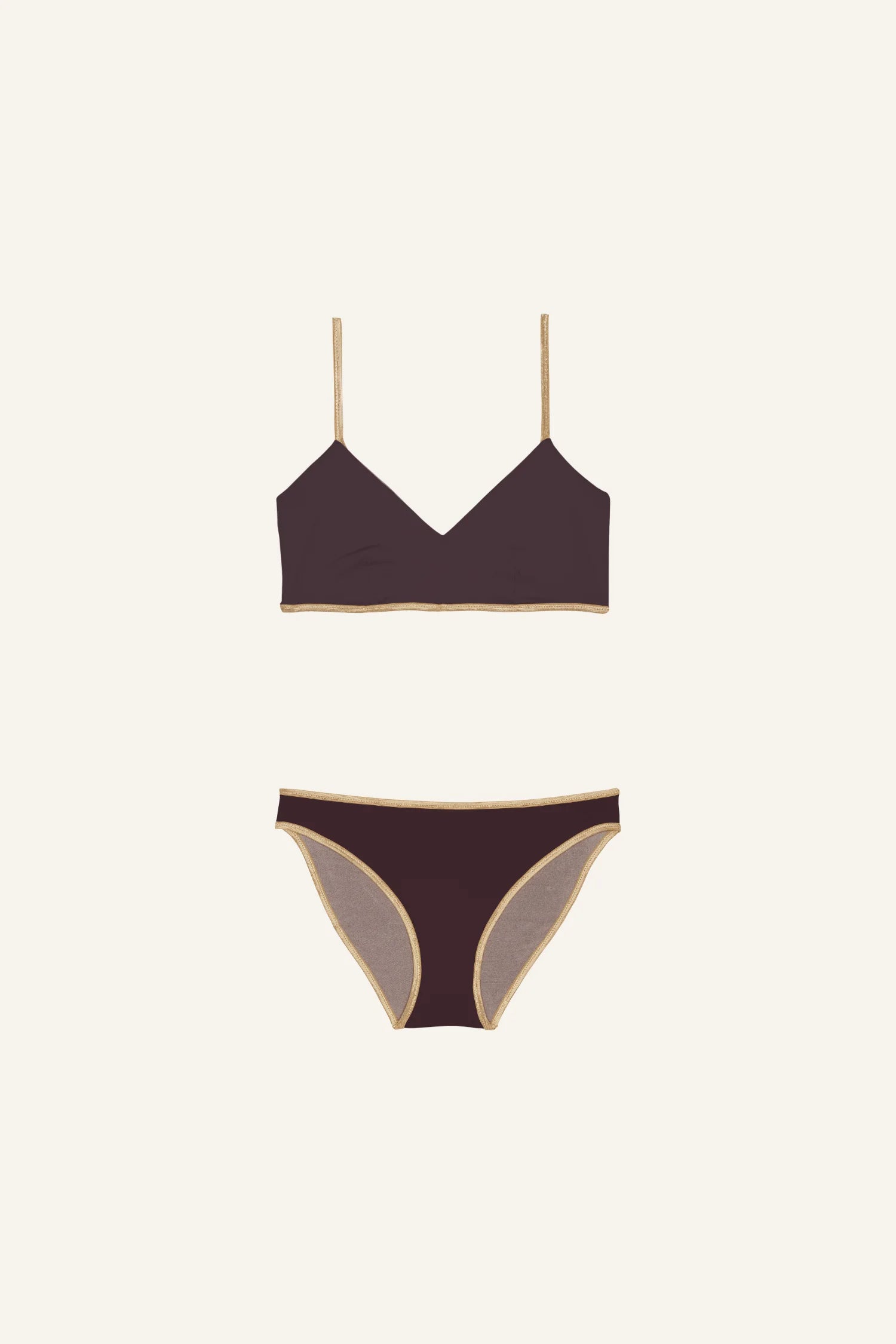 MYMARINI Bikini-Set mit Spaghettiträgern und V-Ausschnitt, bestehend aus Bikinitop und Bikinihose, auf hellem Hintergrund.#color_shimmer-brown