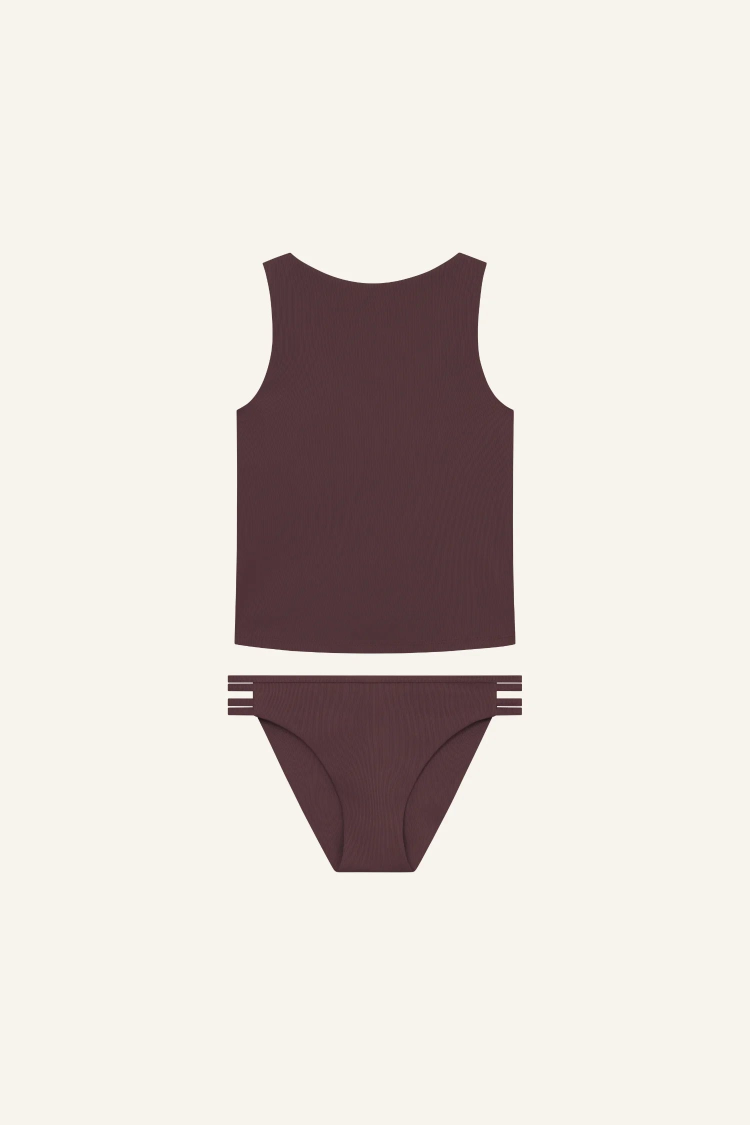 MYMARINI Bikini-Set in Dunkelrot, bestehend aus hochgeschlossenem Top und Bikinihose mit mittlerem Beinausschnitt.#color_chocolate