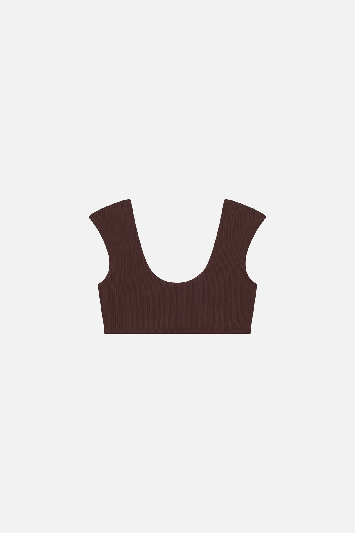 MYMARINI SHOULDER TOP bikini top in chocolate with wide straps, front view on a light background#color_chocolate-ribbed