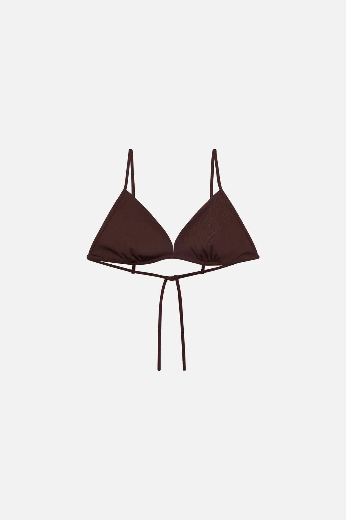 MYMARINI TRIANGLE TOP bikini top in chocolate with spaghetti straps and tie back, front view#color_chocolate-ribbed