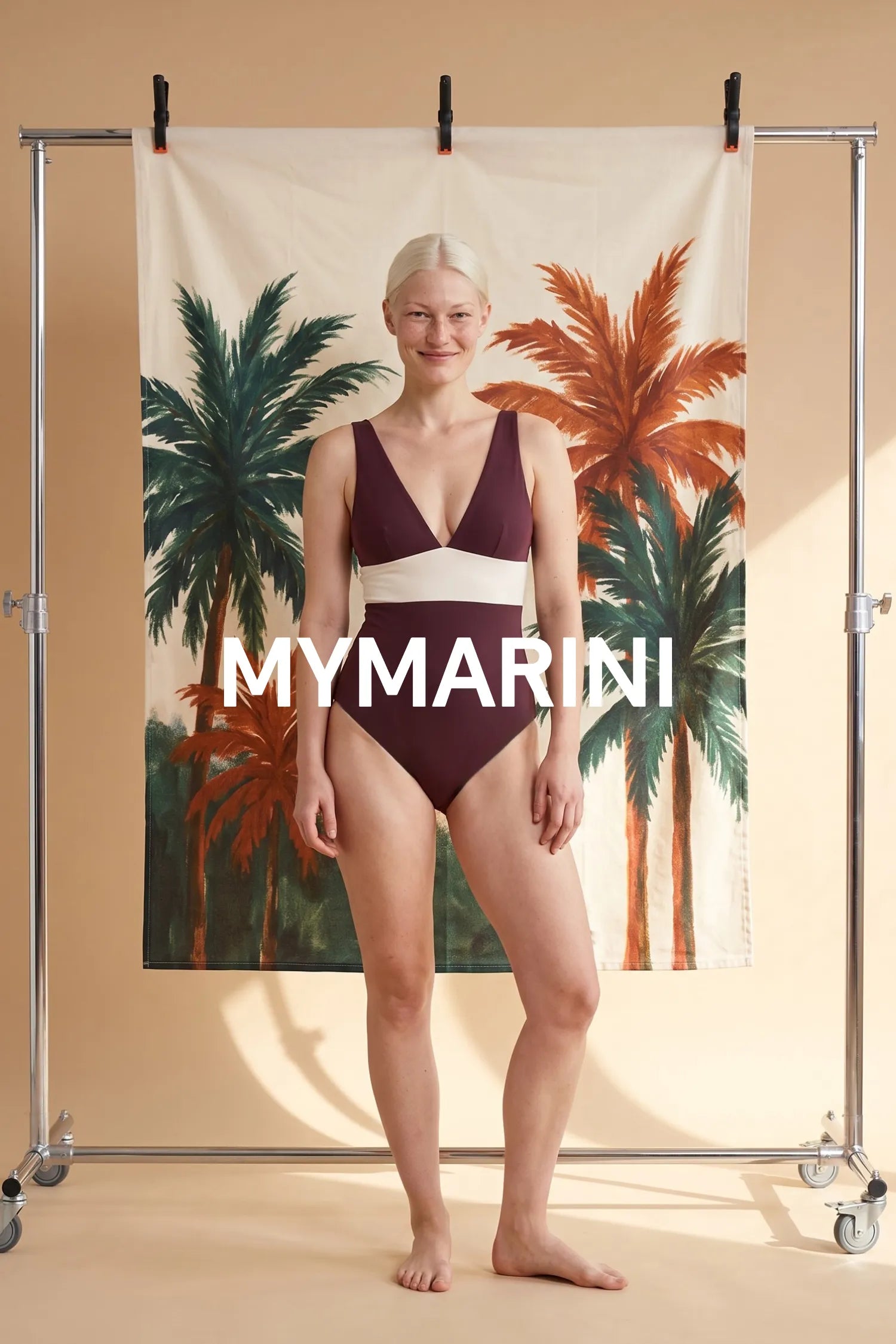 AI-generated, Model wearing the MYMARINI swimsuit with a V-neckline in chocolate-lilac by painted palms