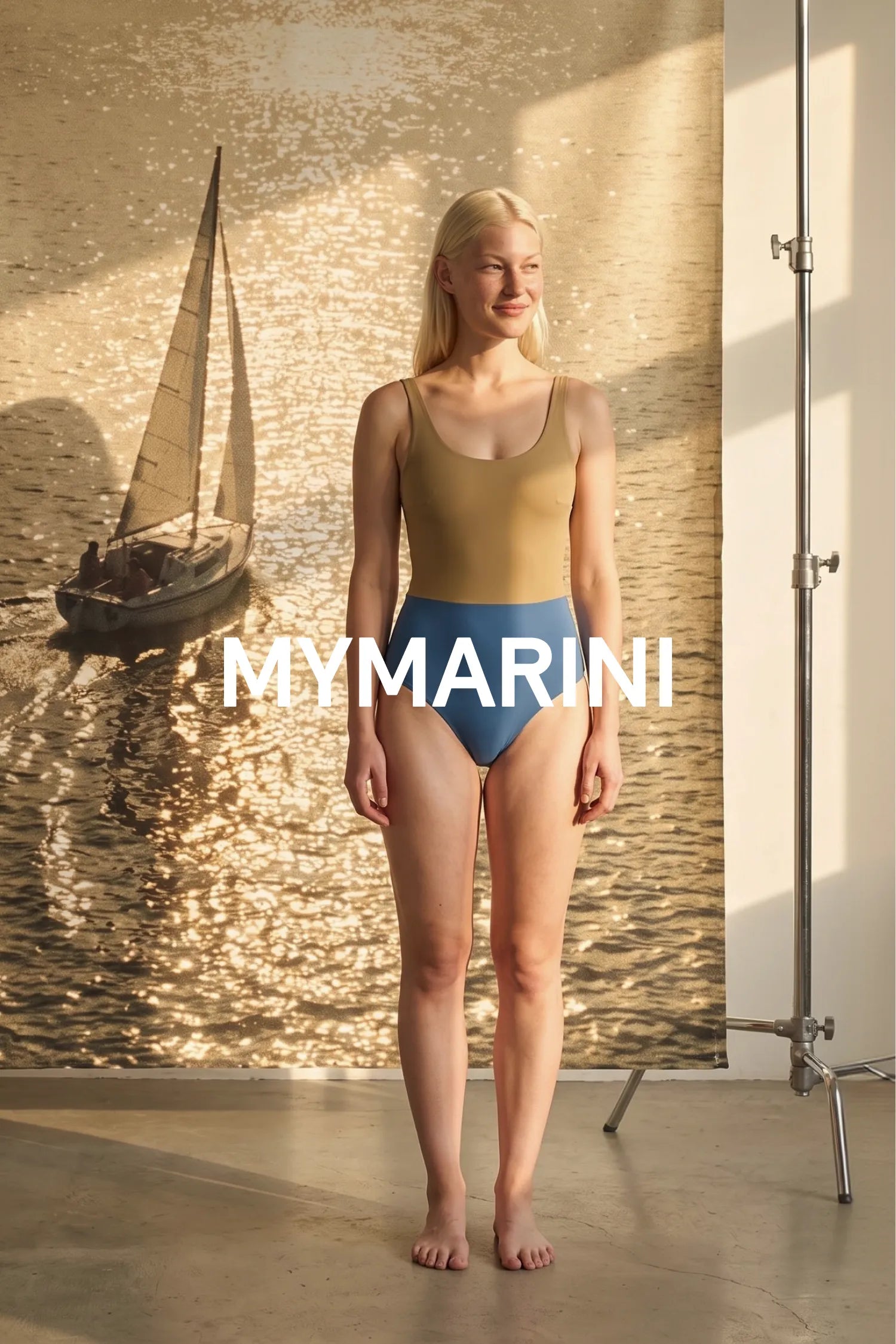 AI-generated, Model wearing the MYMARINI swimsuit in coast-desert by a sailboat at golden hour